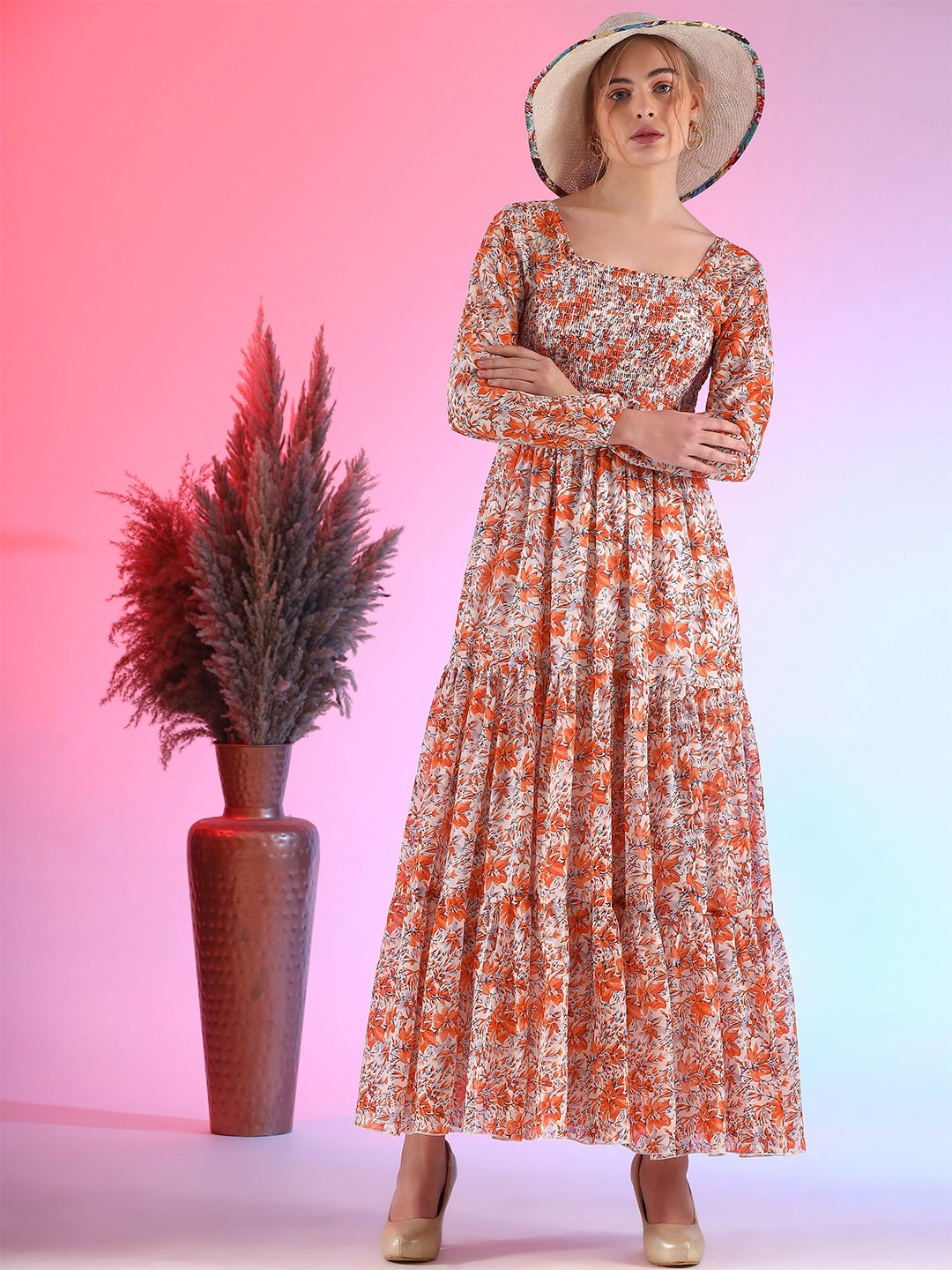 

De La Moda Women Floral Print Fit & Flare Maxi Dress, Beige