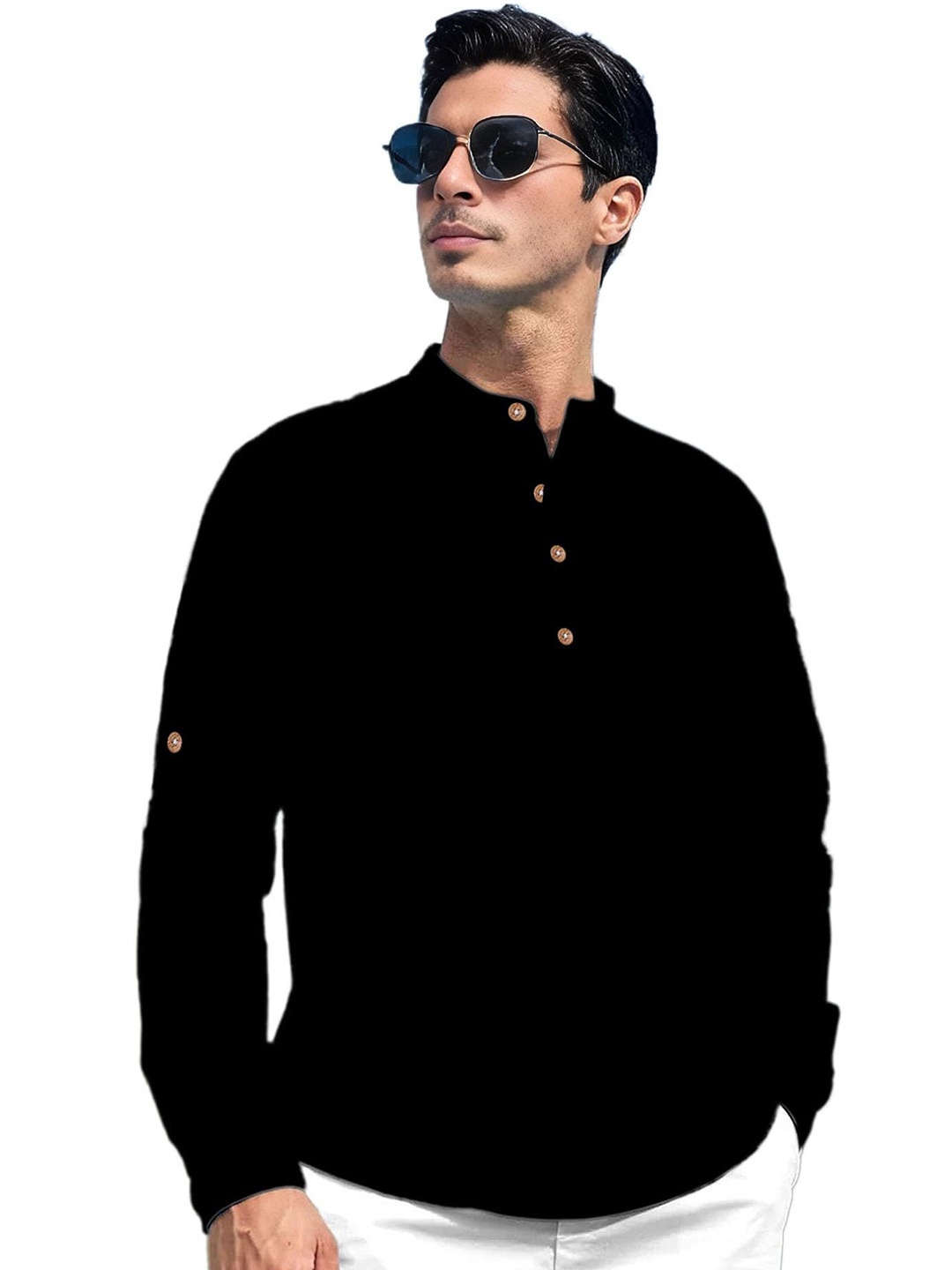 

EdinWolf Men India Slim Fit Mandarin Collar Solid Cotton Casual Shirt, Black