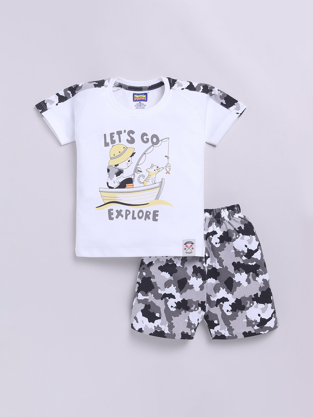 

Nottie Planet Boys Printed Round Neck Pure Cotton T-Shirt With Shorts, White