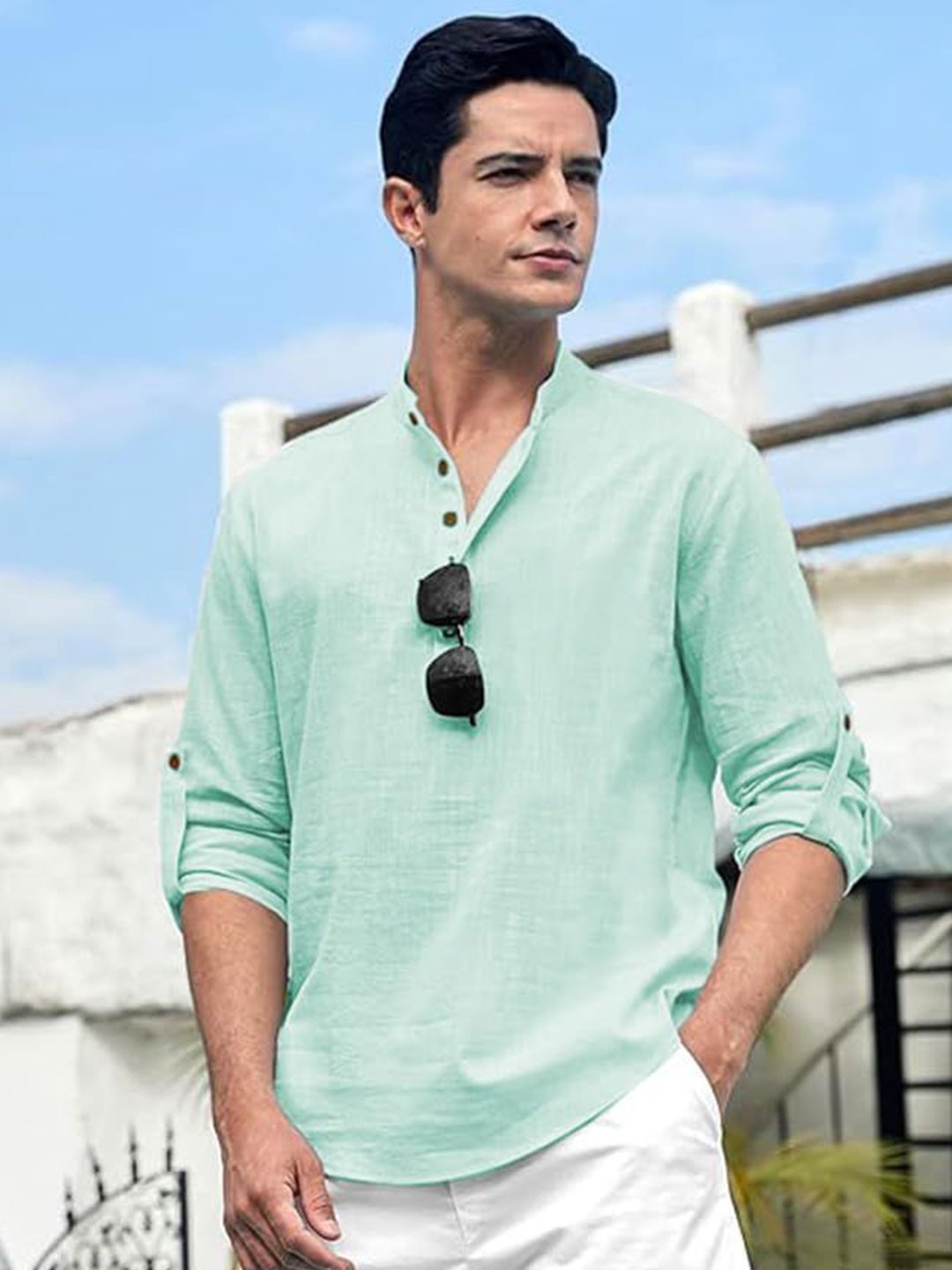 

EdinWolf Men India Slim Fit Band Collar Solid Cotton Casual Shirt, Sea green