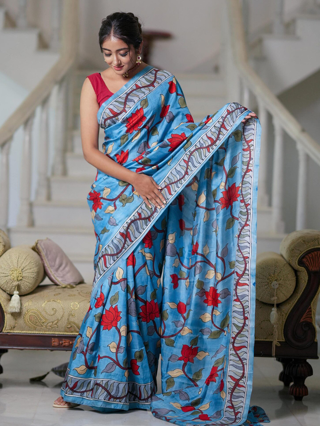 

Nimidiya Floral Printed Pure Cotton Saree, Blue