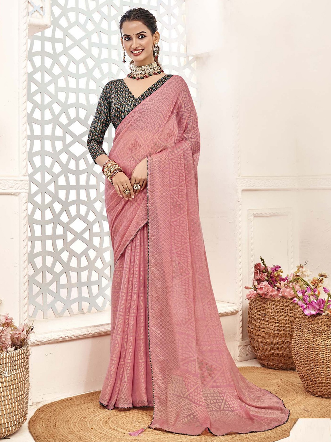 

MAHALASA Printed Pure Chiffon Saree, Pink