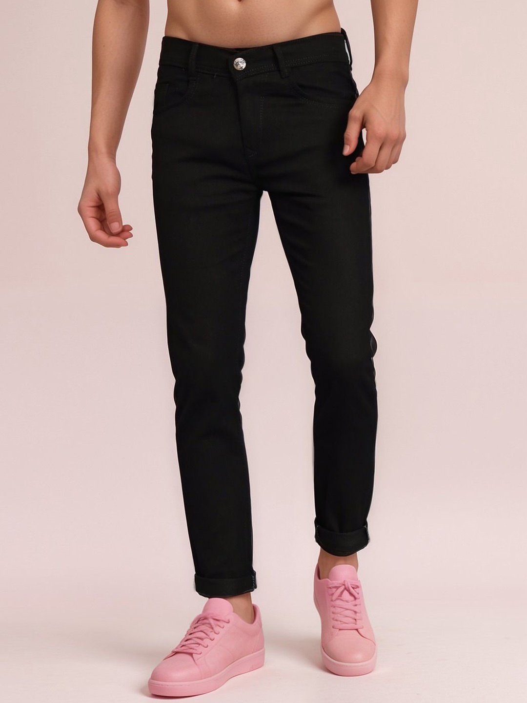

LINARIA Men Classic Mid-Rise Tapered Fit Clean Look Stretchable Jeans, Black