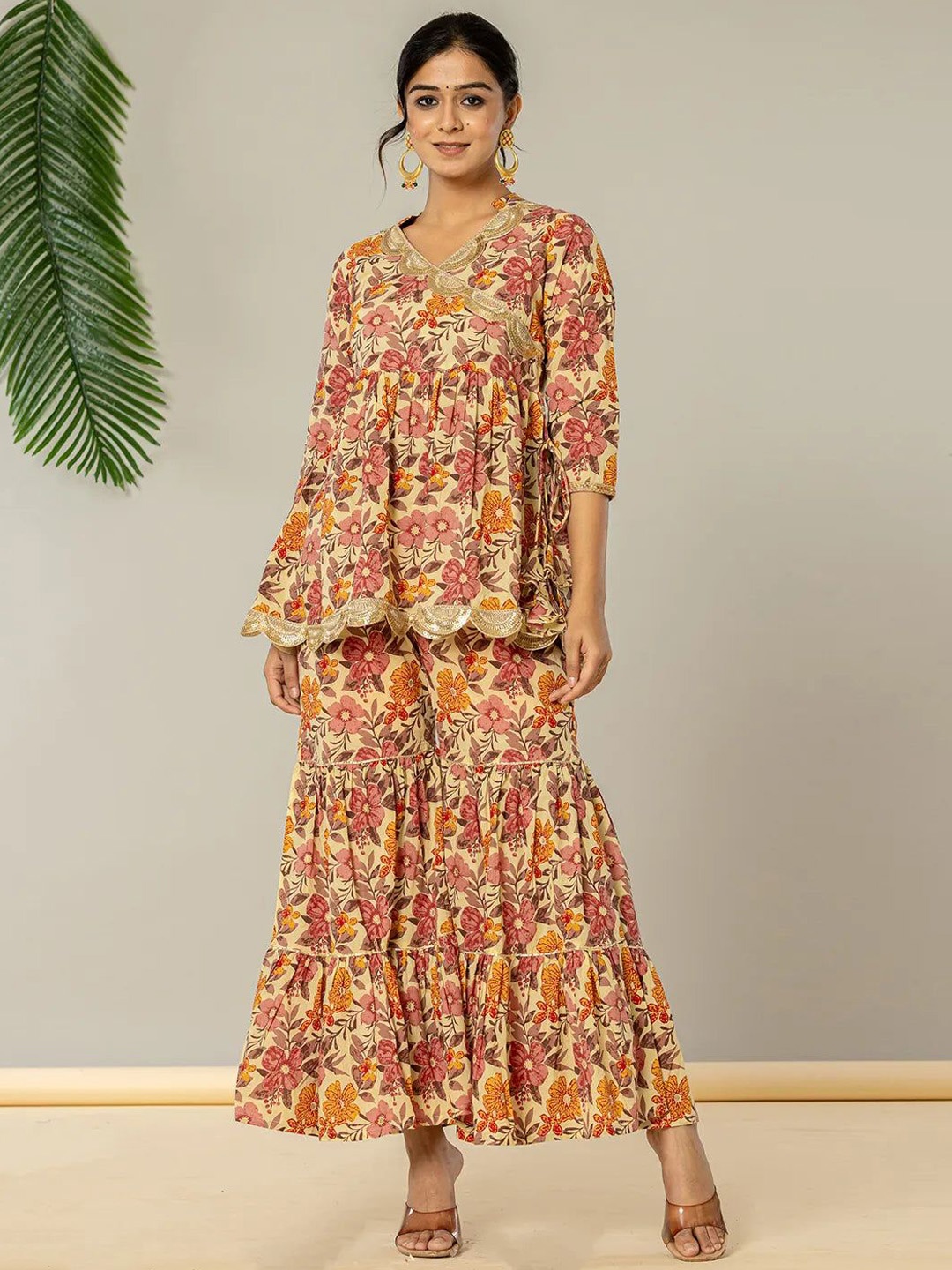 

MissKurti Floral Printed Pure Cotton V-Neck Tunic With Sharara, Beige