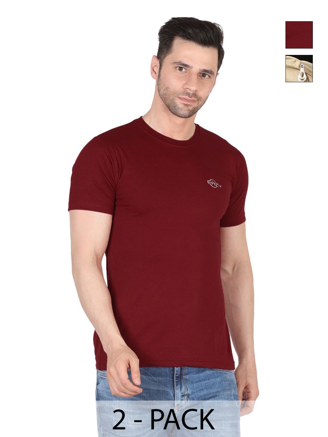

EAZY Men Pack of 2 Solid Round Neck T-shirts, Maroon