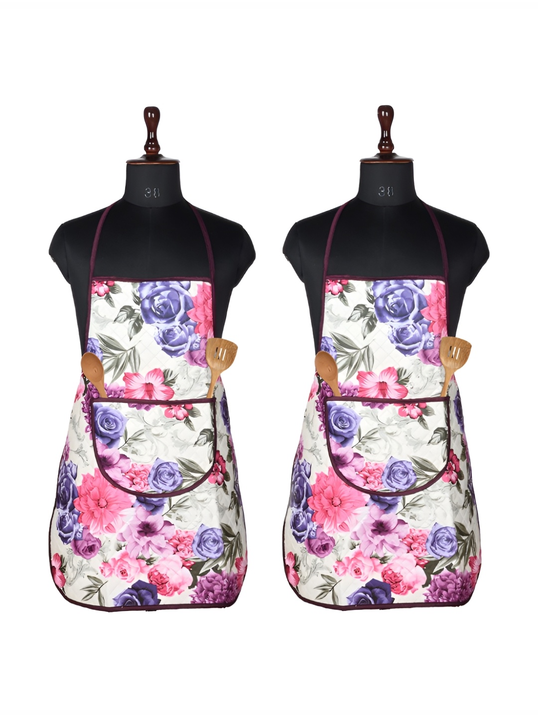 

Aura White & Pink 2 Pieces Floral Printed Aprons With Center Pocket