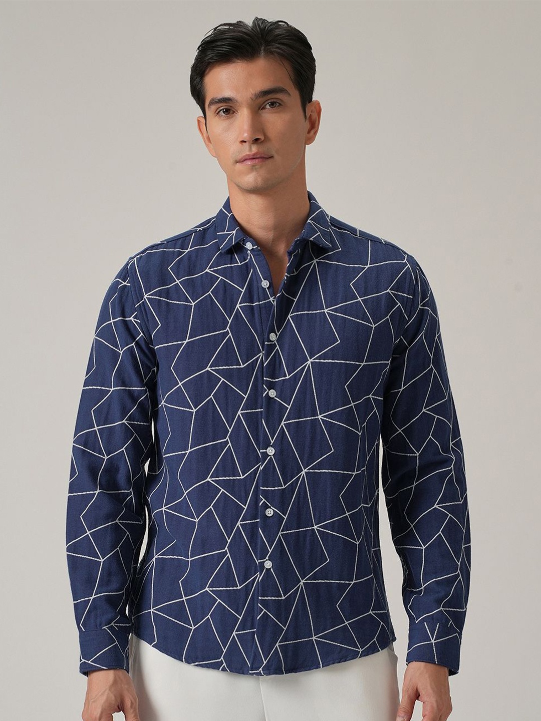 

Banana Club Men Classic Abstract Printed Casual Cotton Shirt, Blue