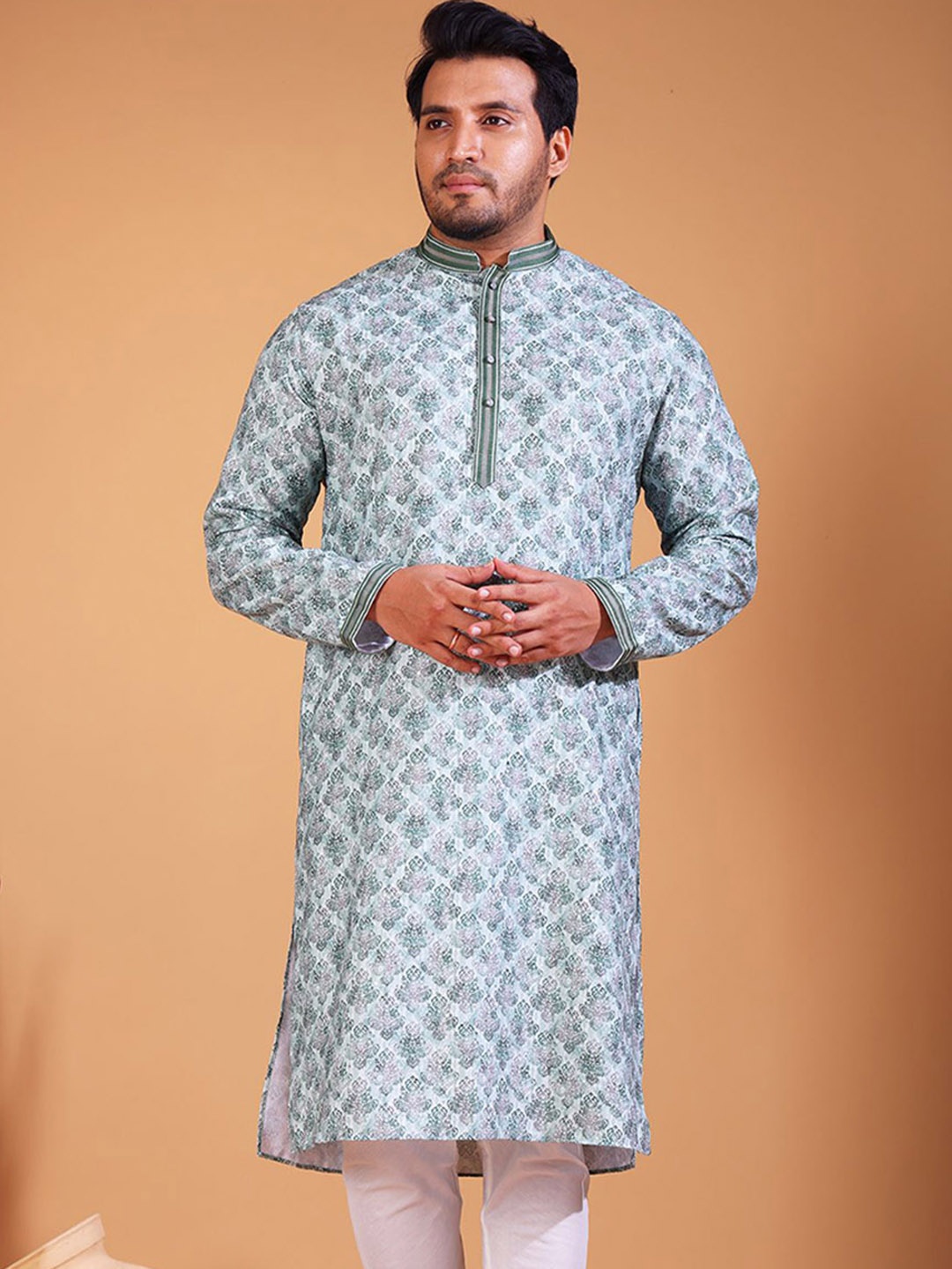 

KHAAS Ethnic Motifs Woven Design Band Collar Cotton Silk Straight Kurta, Green