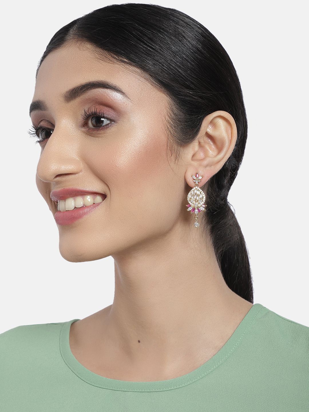 

House of Pataudi Gold-Plated American Diamond Studded Teardrop Shaped Drop Earrings
