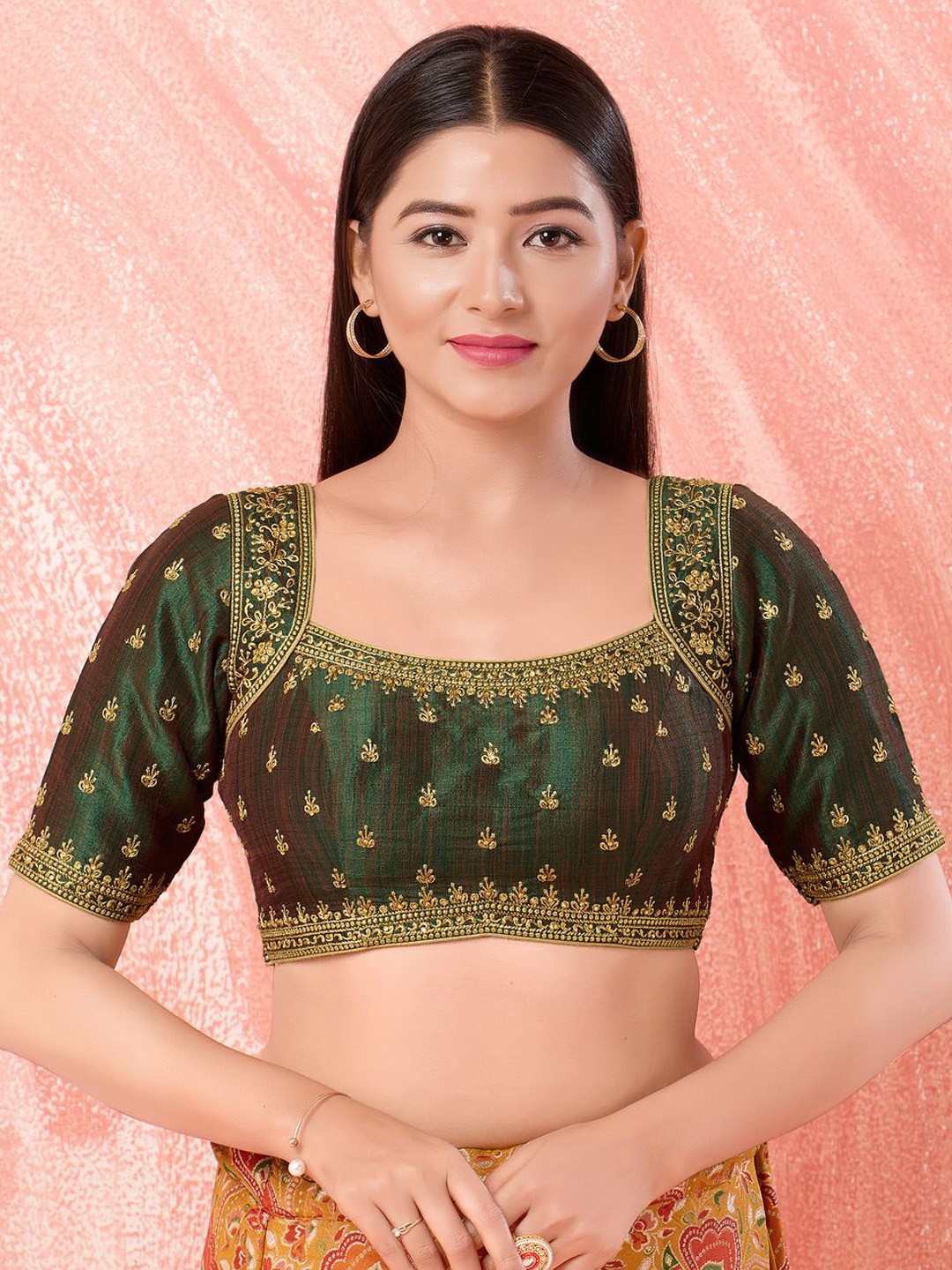 

VAMAS - THE DESIGNER BLOUSES Women Square Neck Padded Saree Blouse, Green