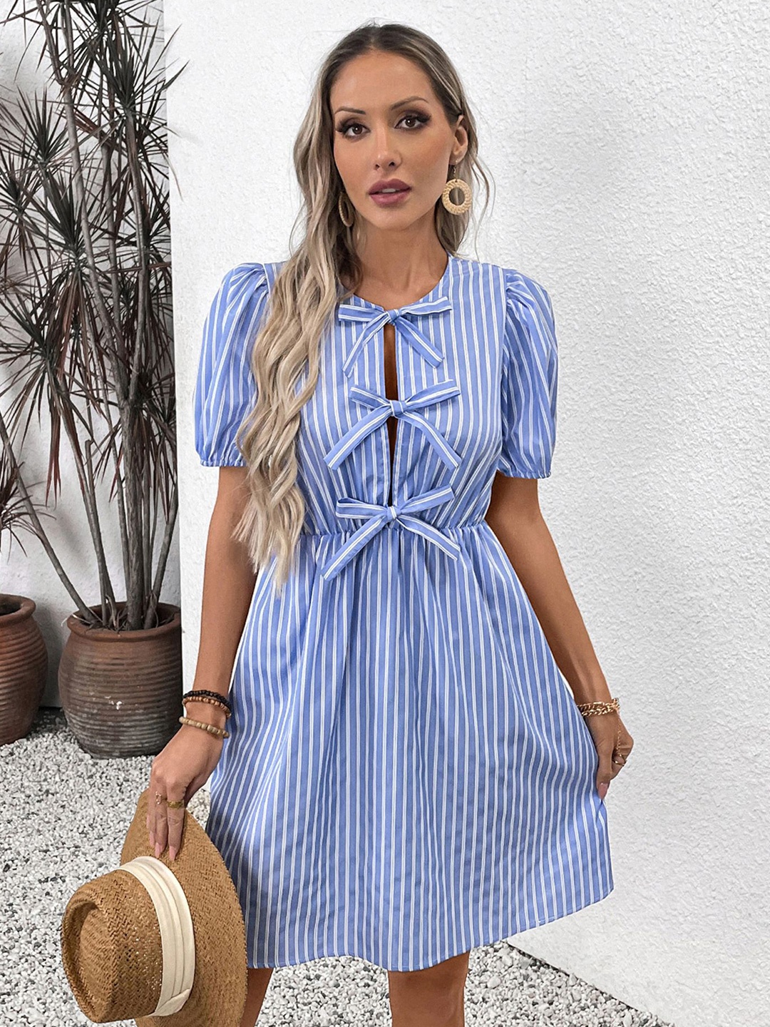 

StyleCast x Revolte Women Striped Tie-Up Neck Puff Sleeves Sheath Dress, Blue