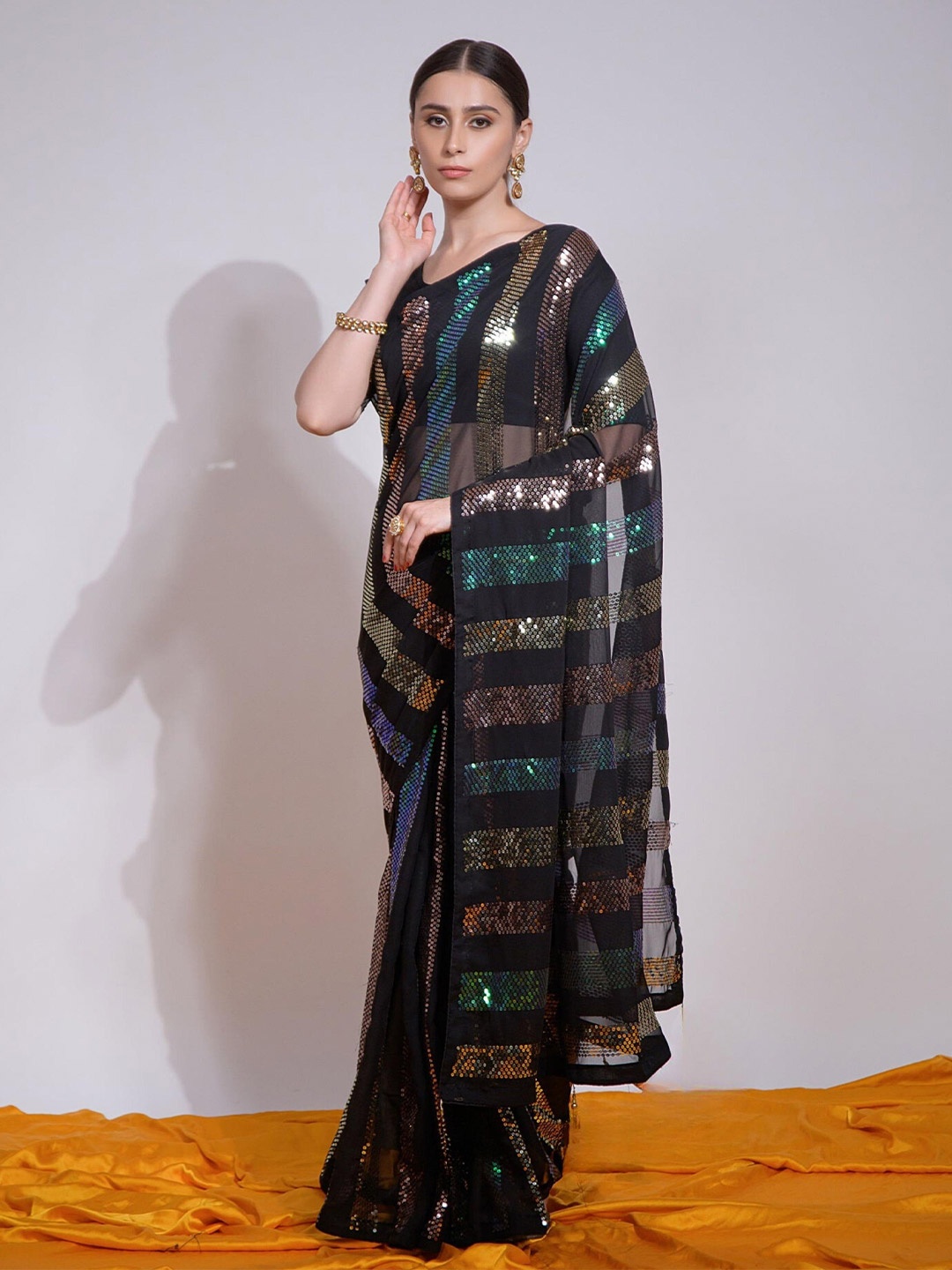 

THE52 Embellished Sequinned Pure Georgette Saree, Black