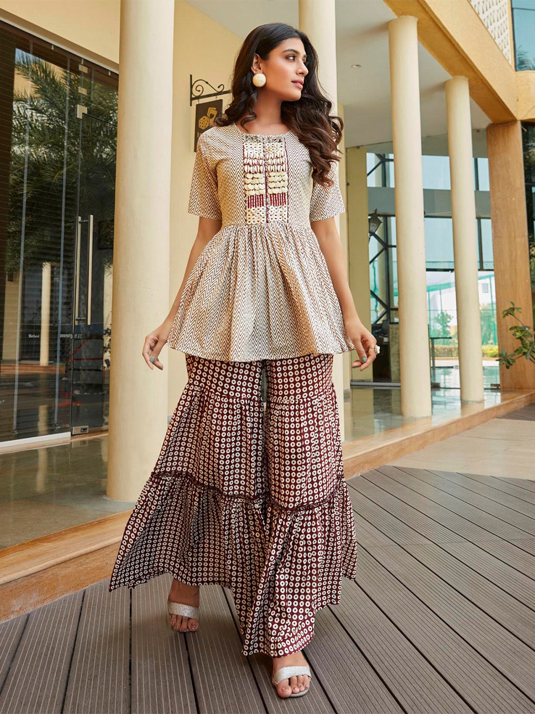 

Fourleaf Chevron Printed Round Neck Pure Cotton A-Line Kurti with Sharara, White