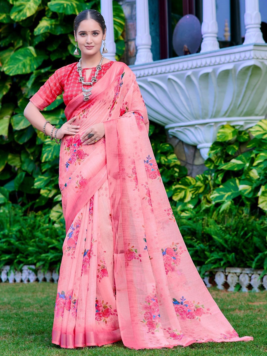 

Nimidiya Floral Printed Zari Pure Cotton Saree, Peach