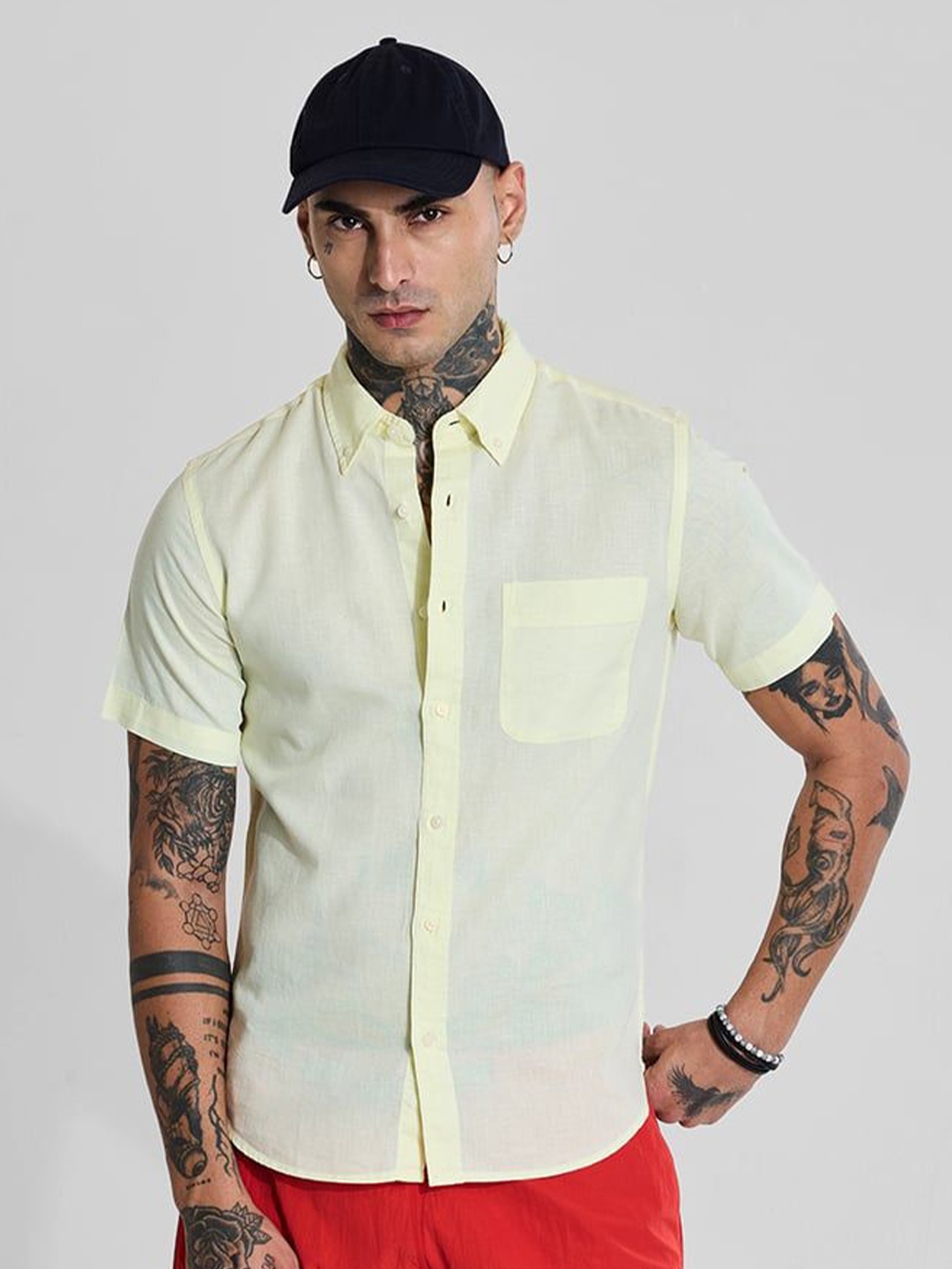 

Snitch Men Smart Slim Fit Button-Down Collar Solid Cotton Casual Shirt, Yellow