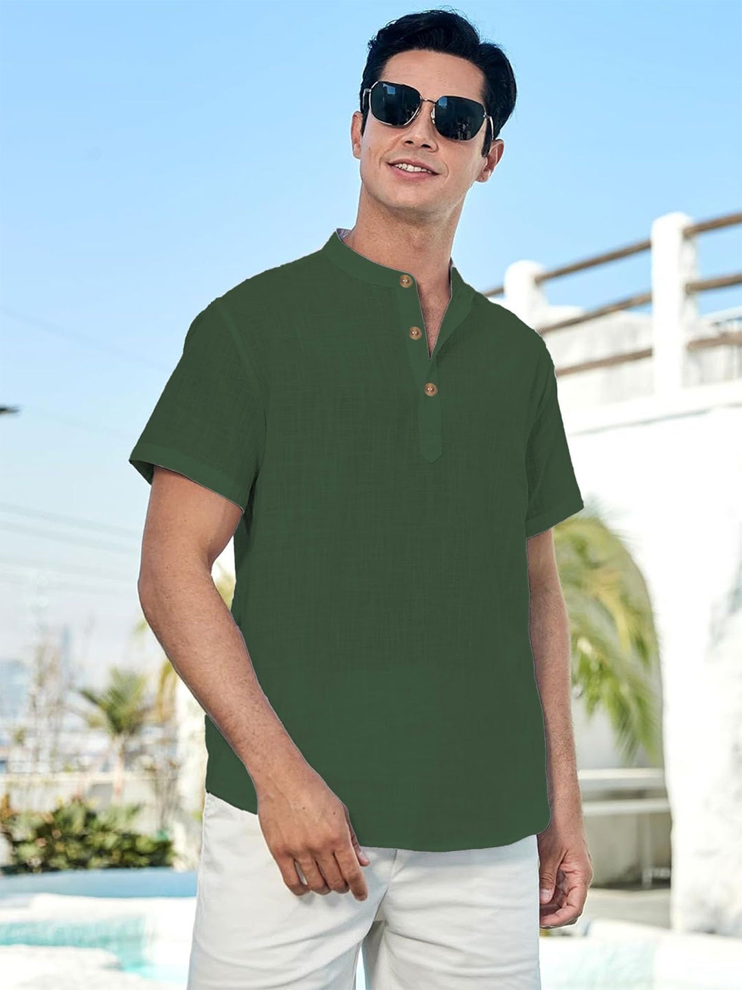 

EdinWolf Men India Slim Fit Band Collar Solid Cotton Casual Shirt, Green