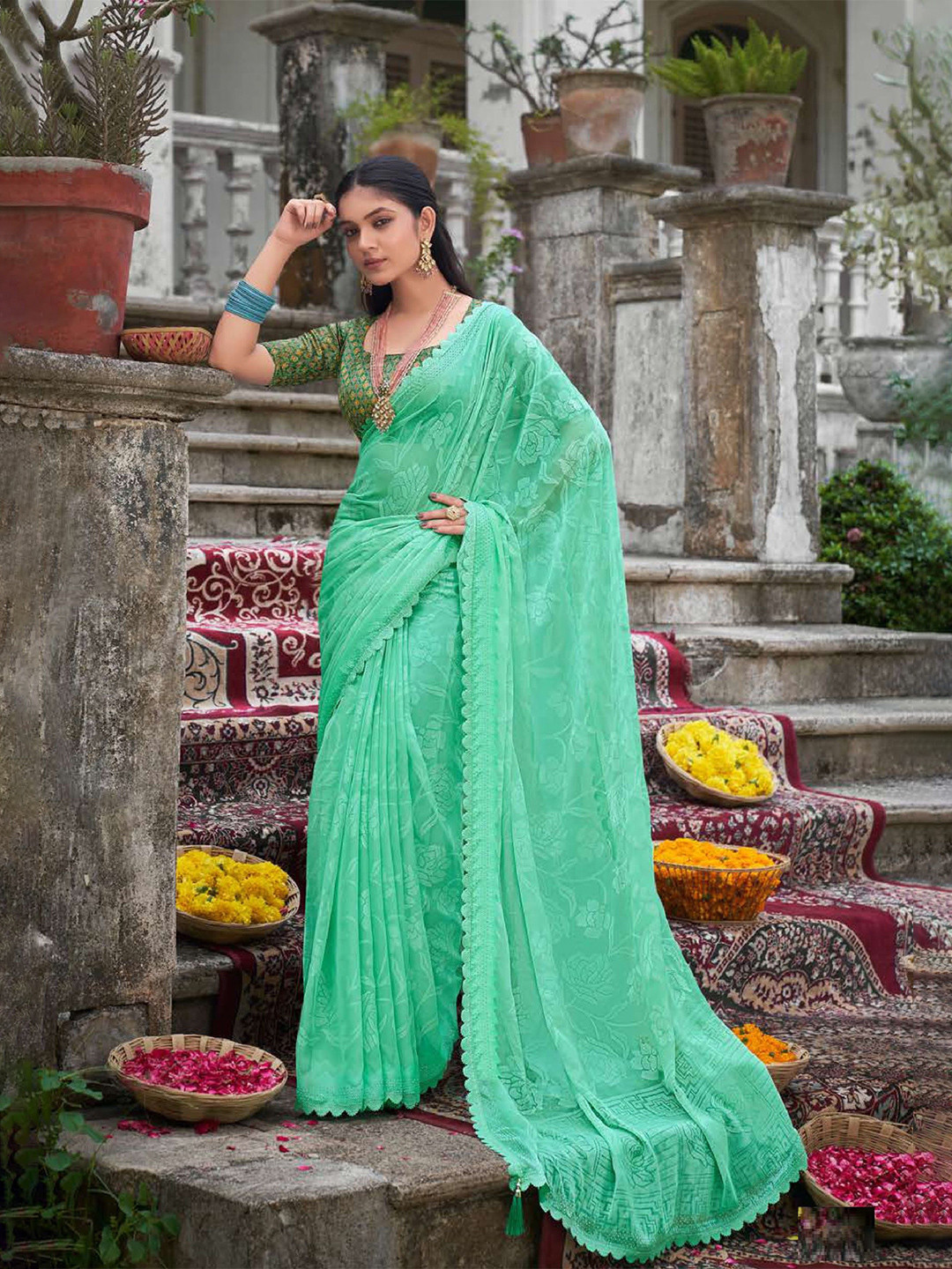 

MAHALASA Floral Pure Chiffon Saree, Sea green
