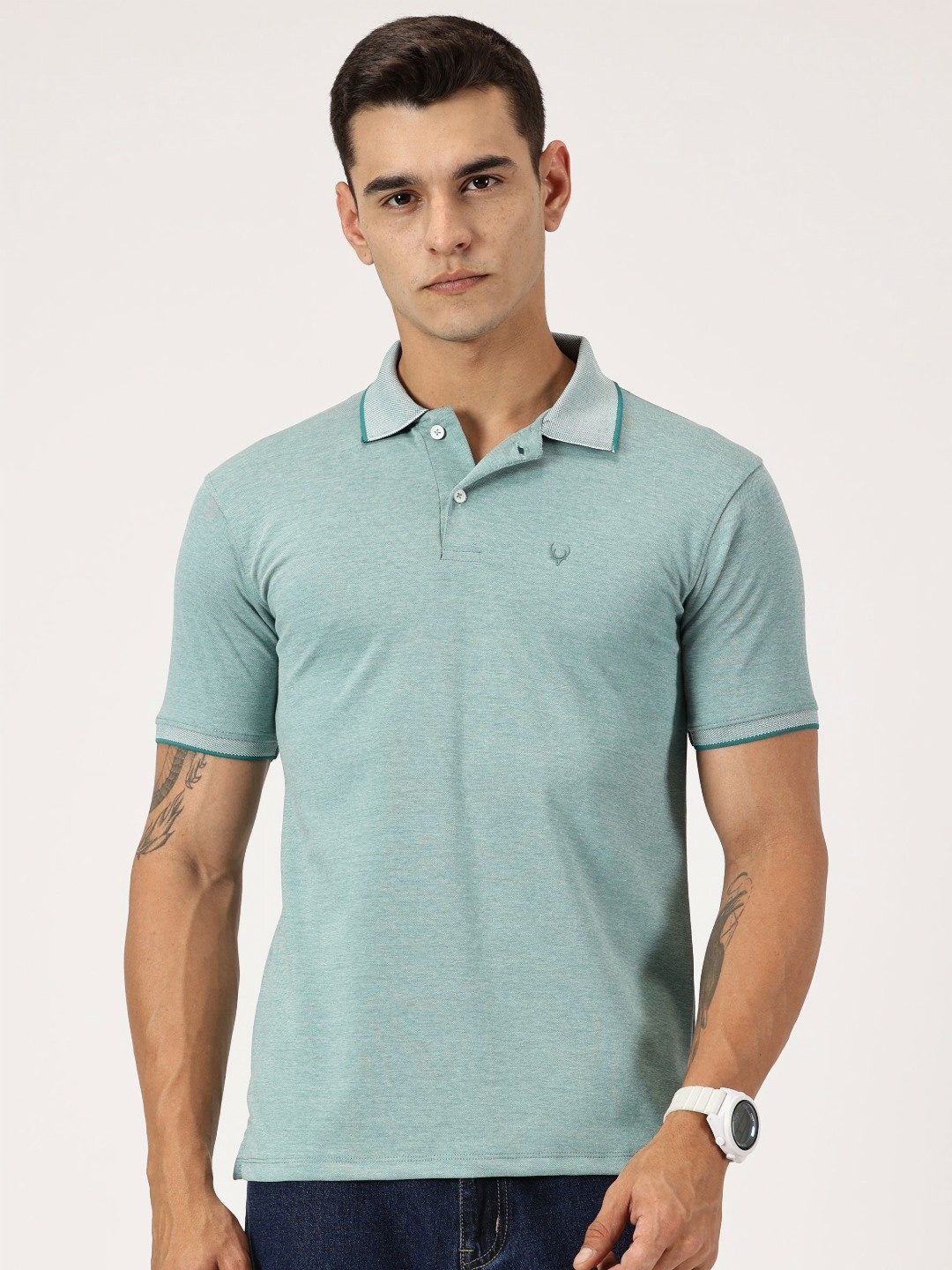 

RAVINIK Men Solid Polo Collar Cotton T-shirt, Sea green