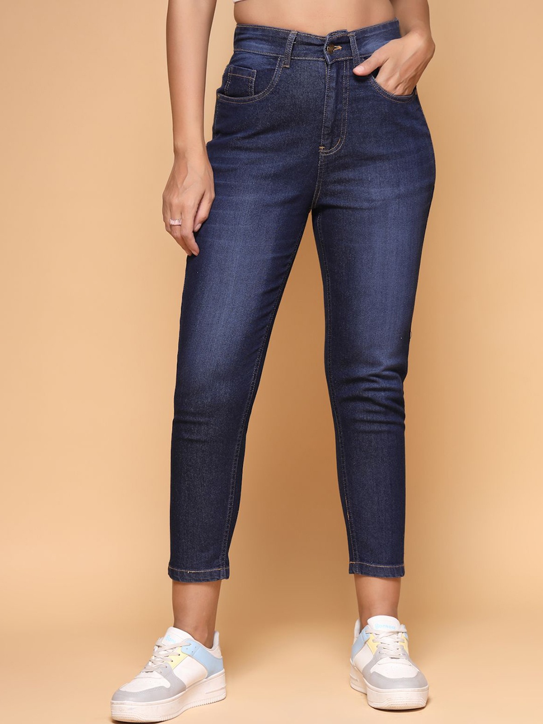 

KATLINE Women Pencil Boyfriend Fit Light Fade Stretchable Jeans, Blue