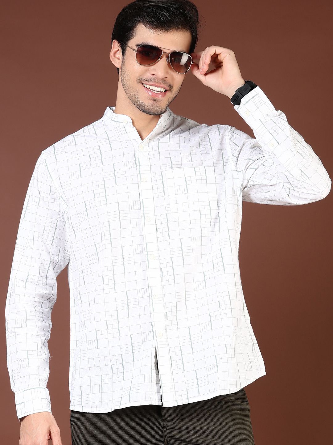

V-Mart Men Slim Fit Band Collar Geometric Printed Cotton Casual Shirt, White