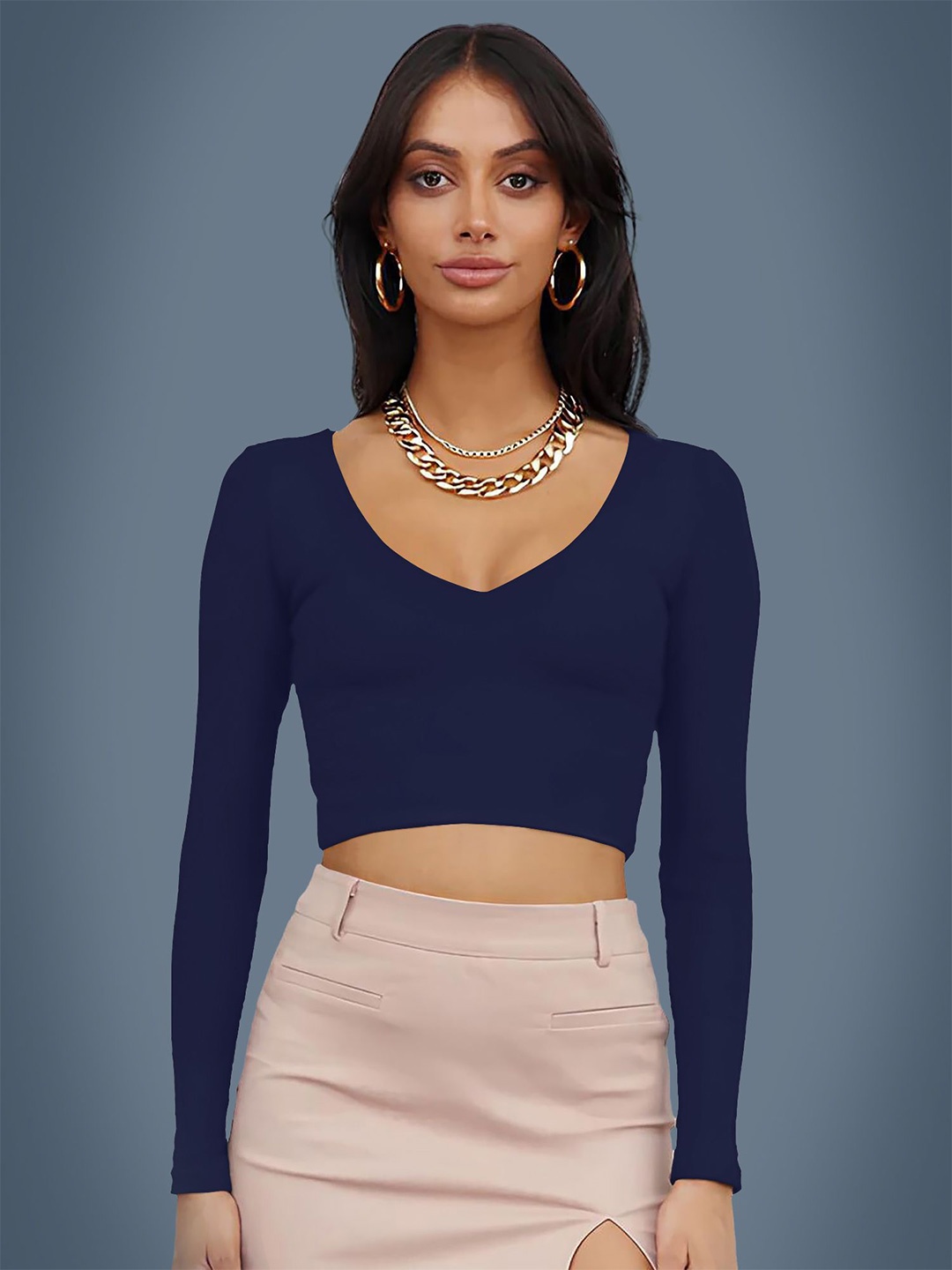 

Dream Beauty Fashion Women V-Neck Crop Fitted Top, Navy blue