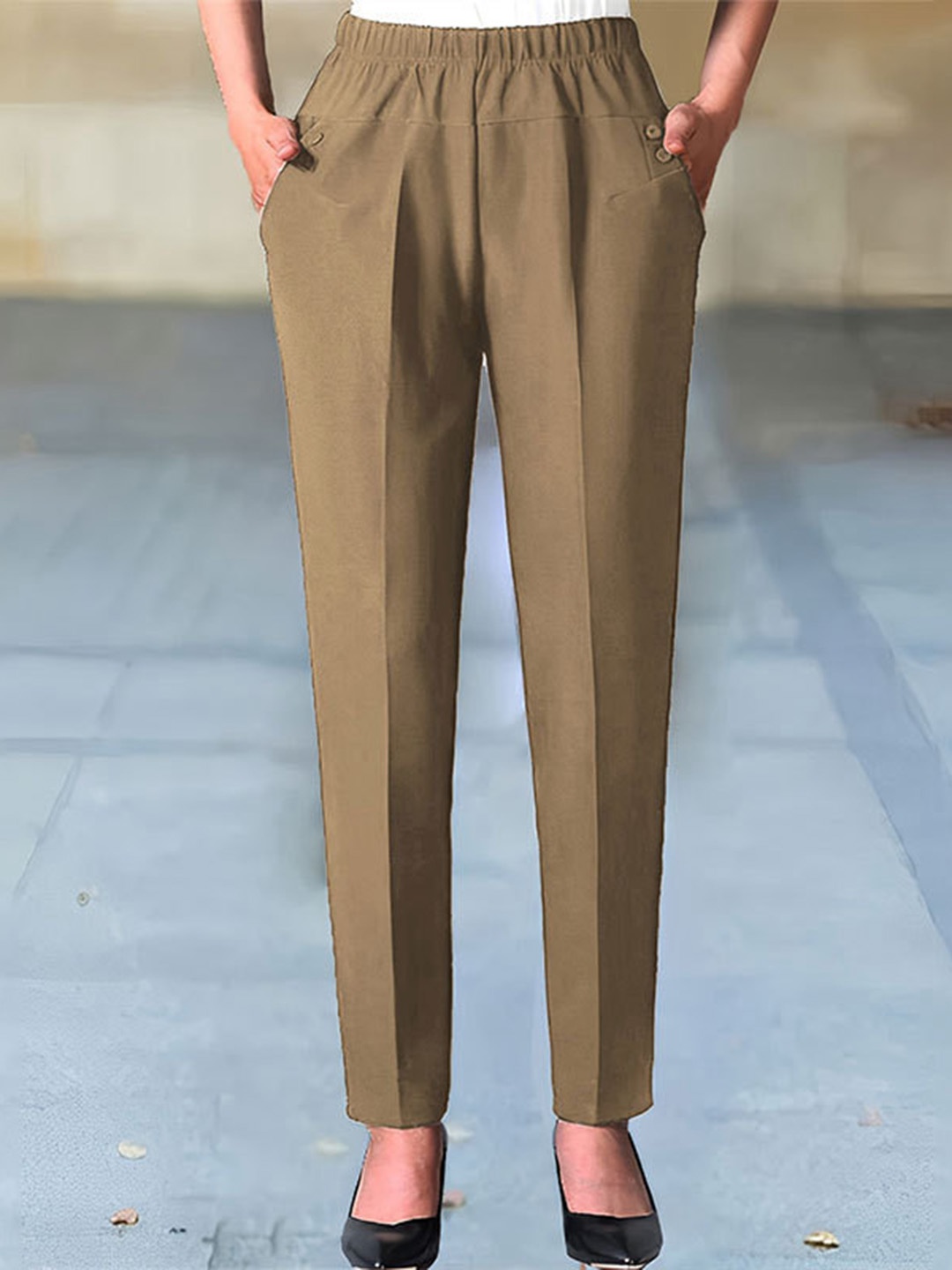 

her by invictus Women Regular Fit Mid-Rise Trousers, Khaki