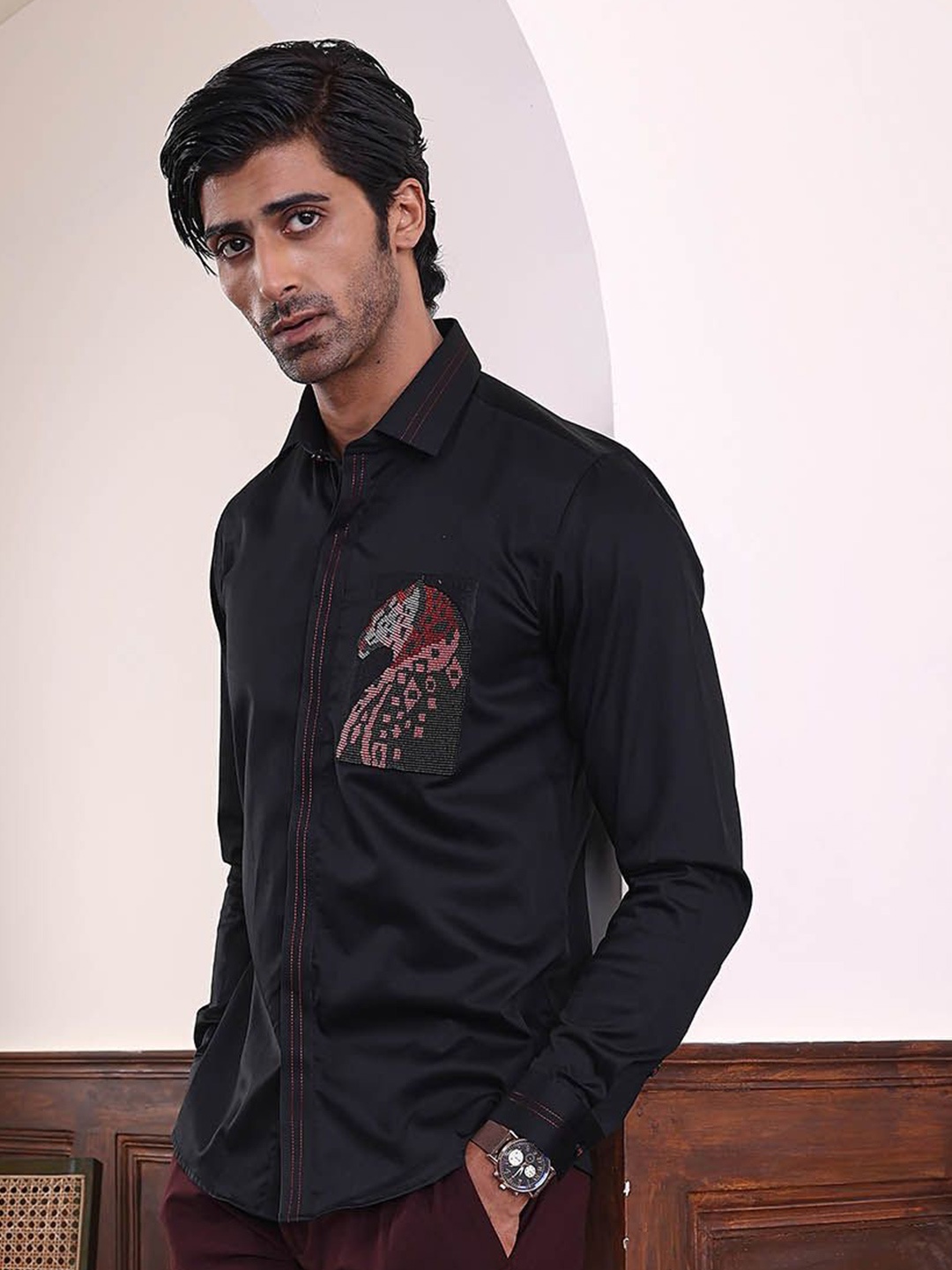 

ABKASA Men Classic Slim Fit Spread Collar Solid Cotton Casual Shirt, Black