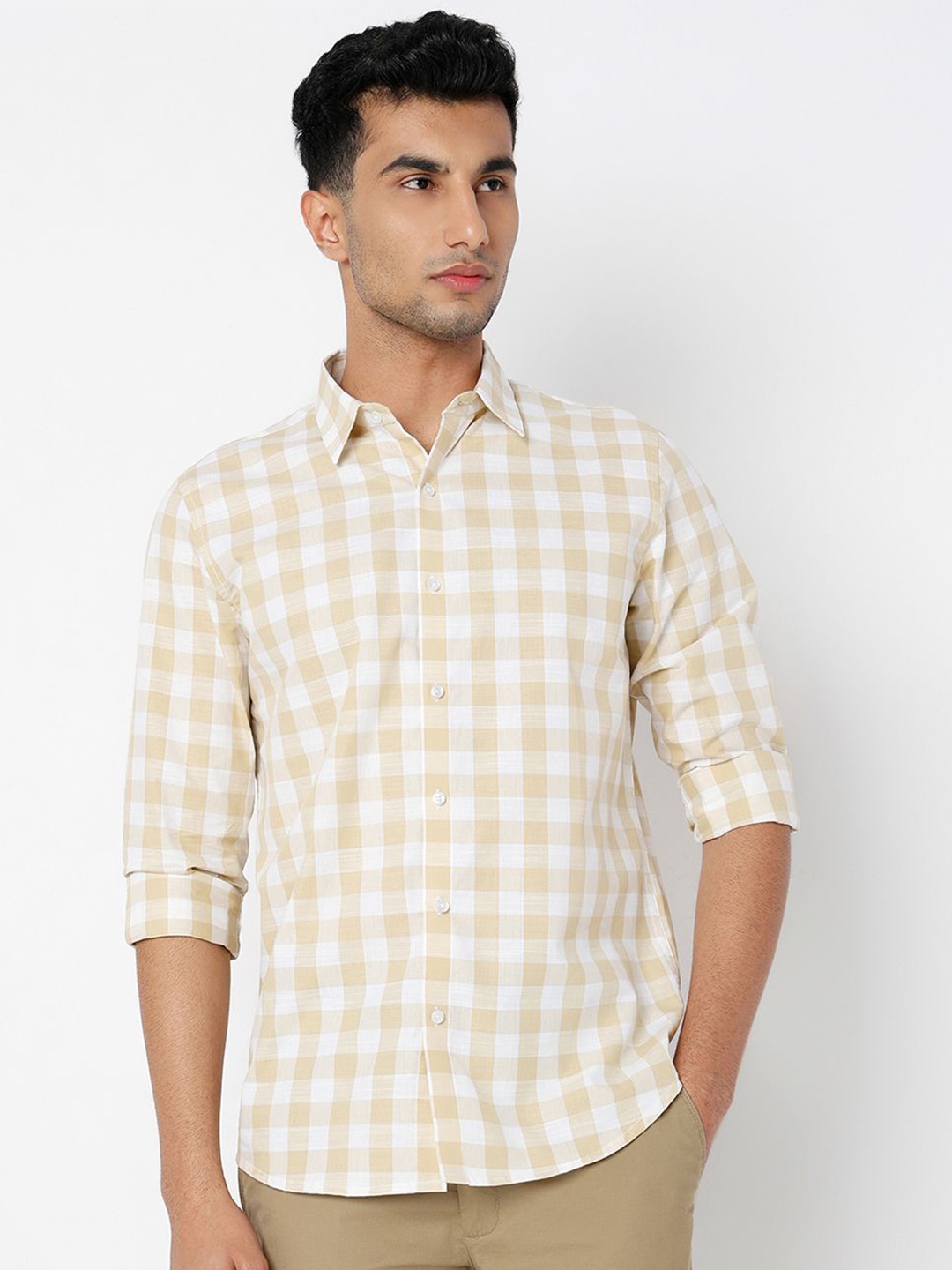 

MARK & ALBERT Men India Slim Fit Grid Tattersall Checked Cotton Linen Casual Shirt, Beige