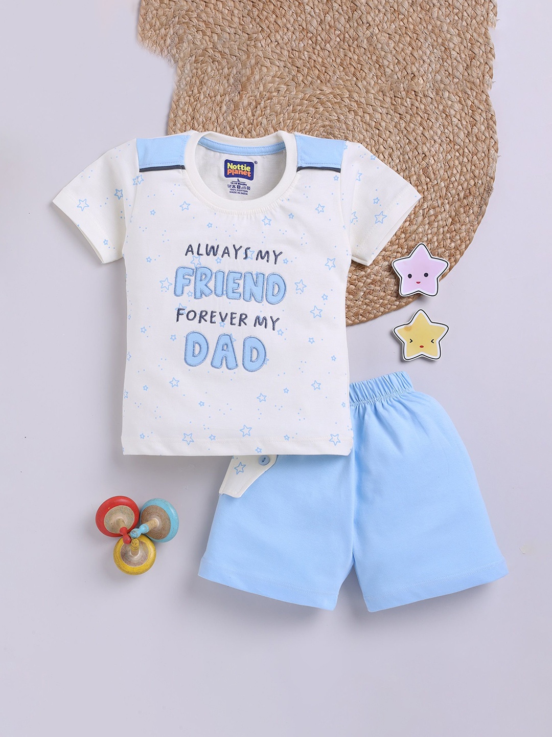 

Nottie Planet Boys Printed Round Neck Pure Cotton T-shirt with Shorts, Blue