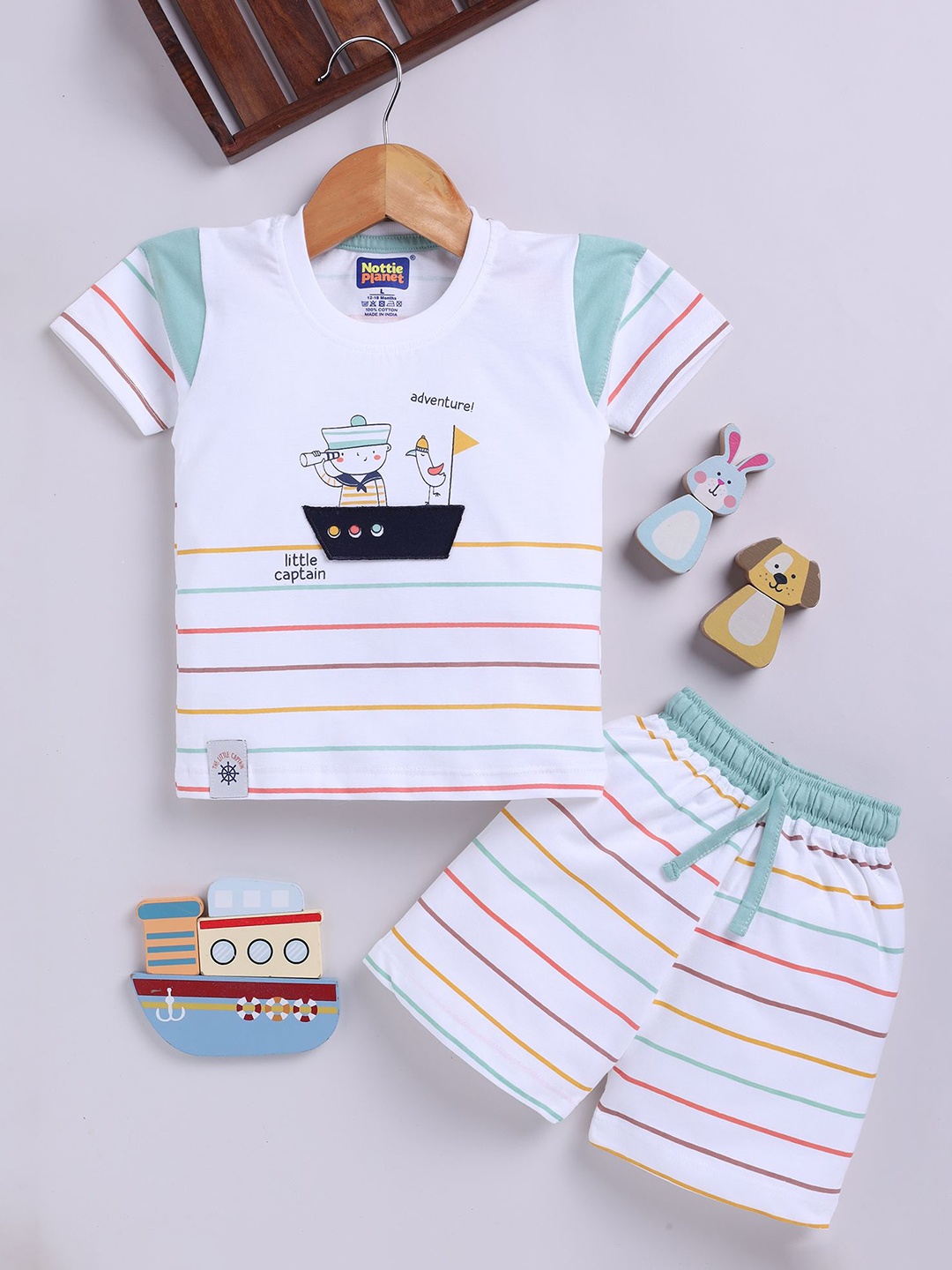 

Nottie Planet Boys Striped Round Neck Pure Cotton T-Shirt With Shorts, White