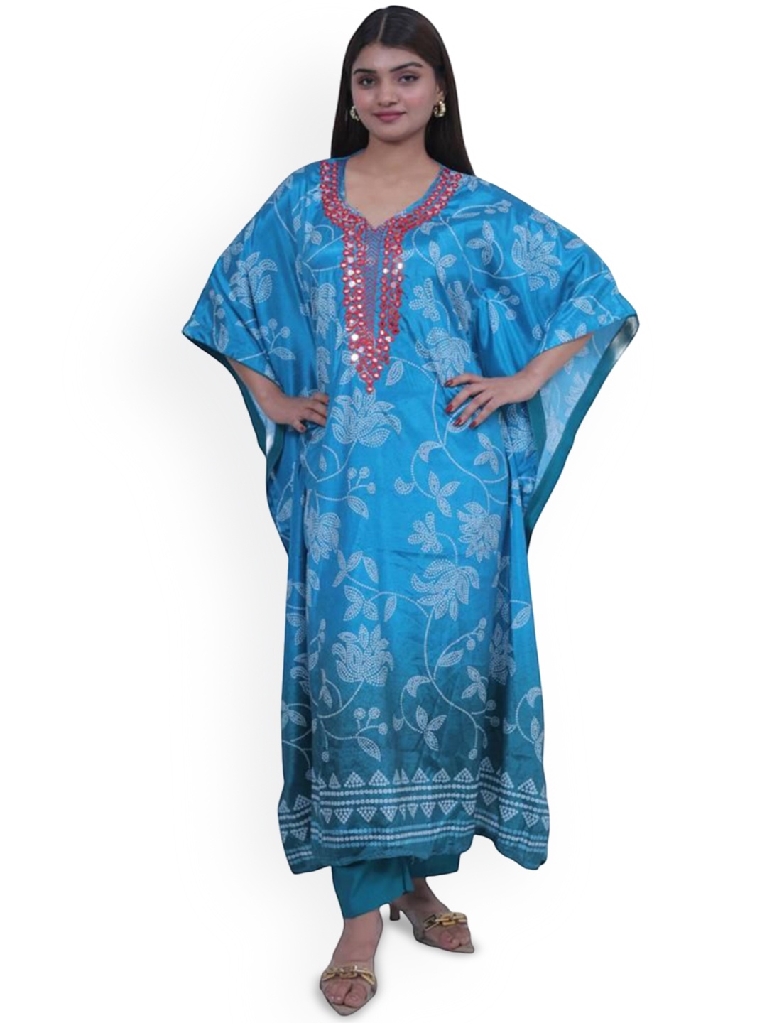 

Wavy Collection Bhandani Printed Pure Silk Kaftan Kurta with Trousers, Blue