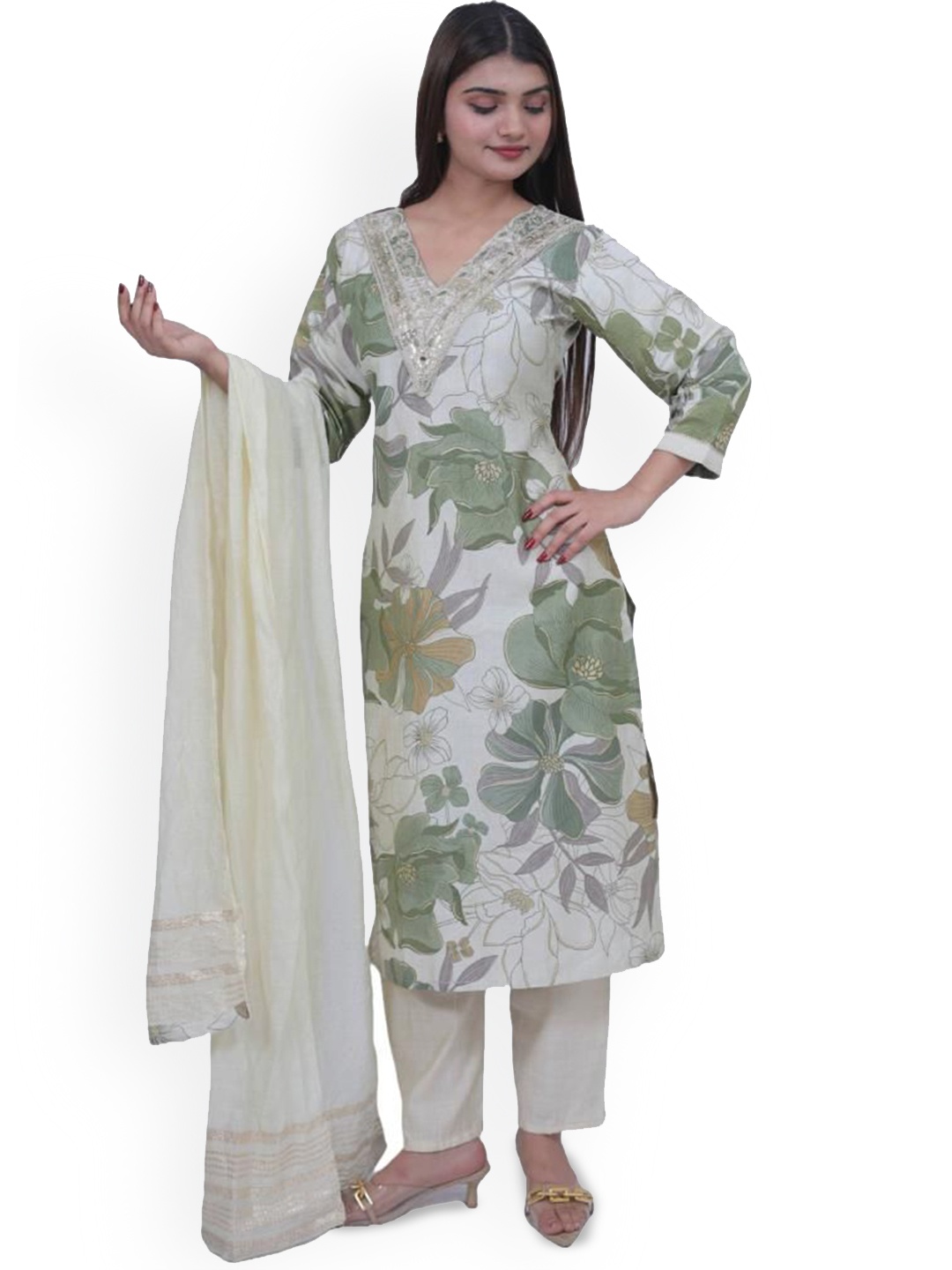 

Wavy Collection Floral Printed Pure Silk Straight Kurta with Trousers & Dupatta, White