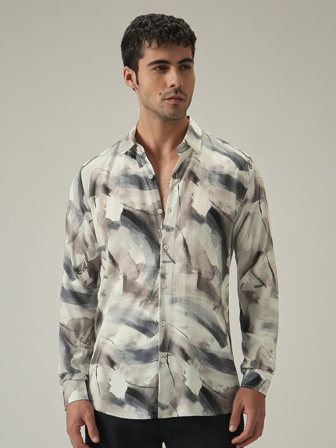 

Banana Club Men Classic Slim Fit Opaque Abstract Casual Shirt, Cream