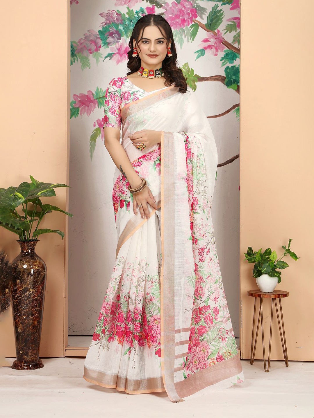 

Nimidiya Floral Zari Pure Cotton Saree, White