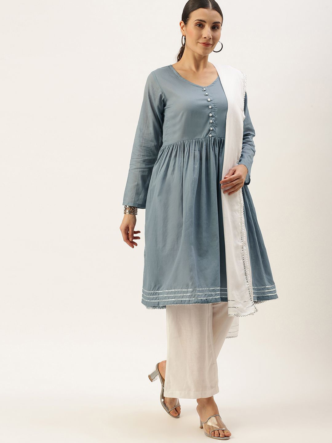 

Fourleaf Round Neck Gotta Patti Pure Cotton Anarkali Kurta With Trousers & Dupatta, Grey