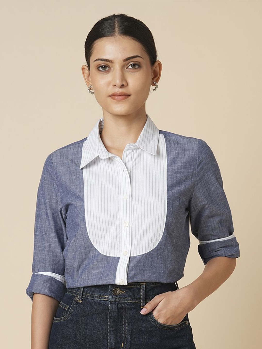 

Chemistry Women Spread Collar Vertical Striped Cotton Casual Shirt, Blue