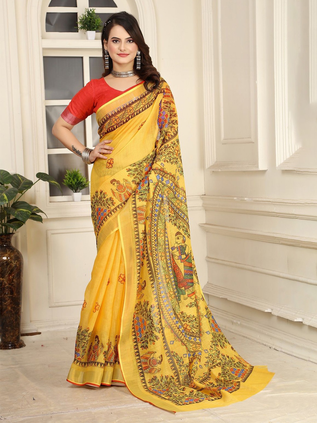 

Nimidiya Kalamkari Printed Pure Cotton Saree, Yellow
