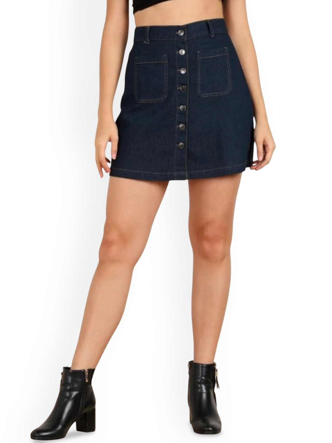 

Tripursundari Fashion Front Pocket Buttoned Straight Mini Denim Skirt, Navy blue