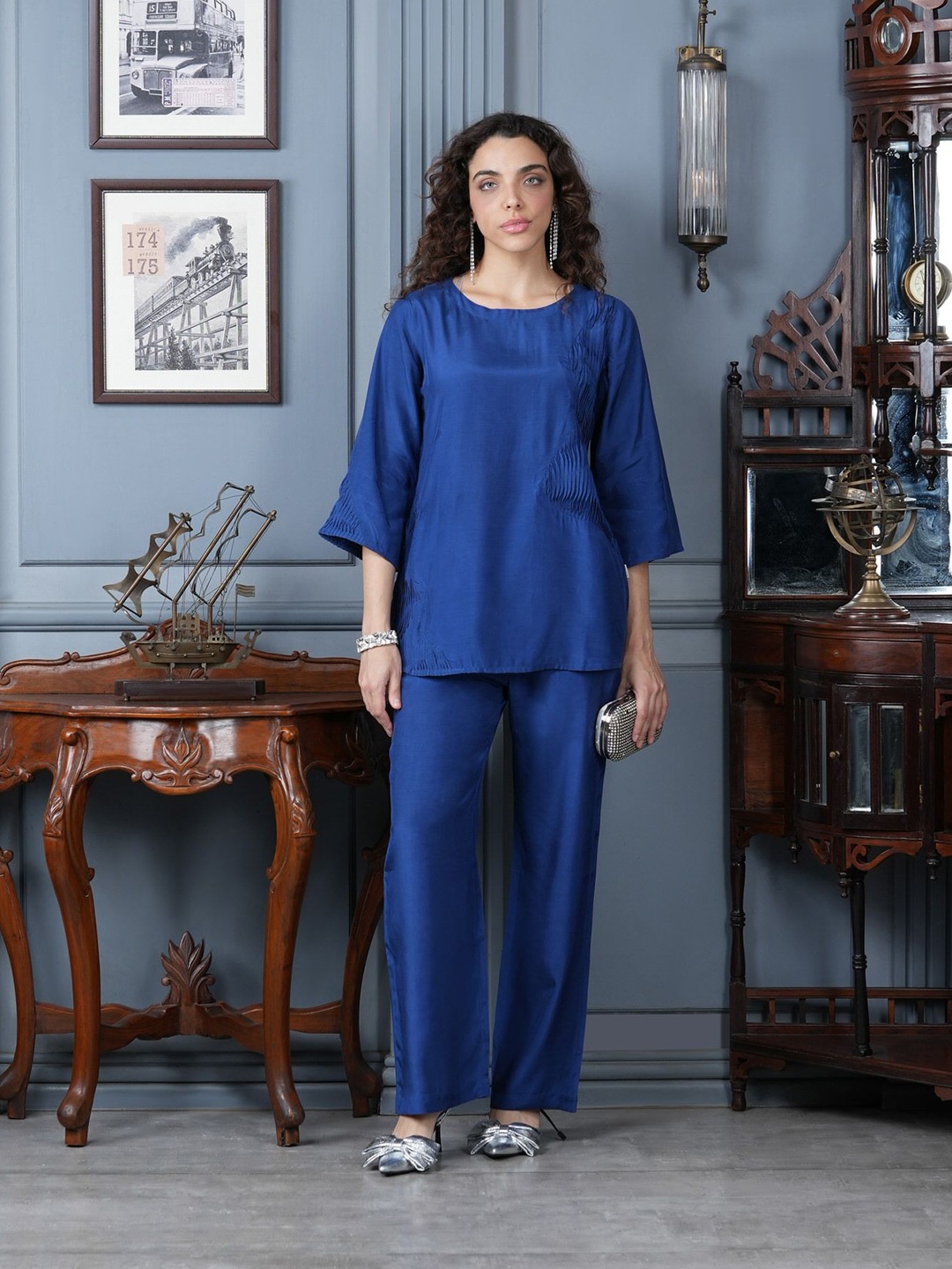 

JISORA Pure Silk Tunic With Trousers Co-Ords, Blue