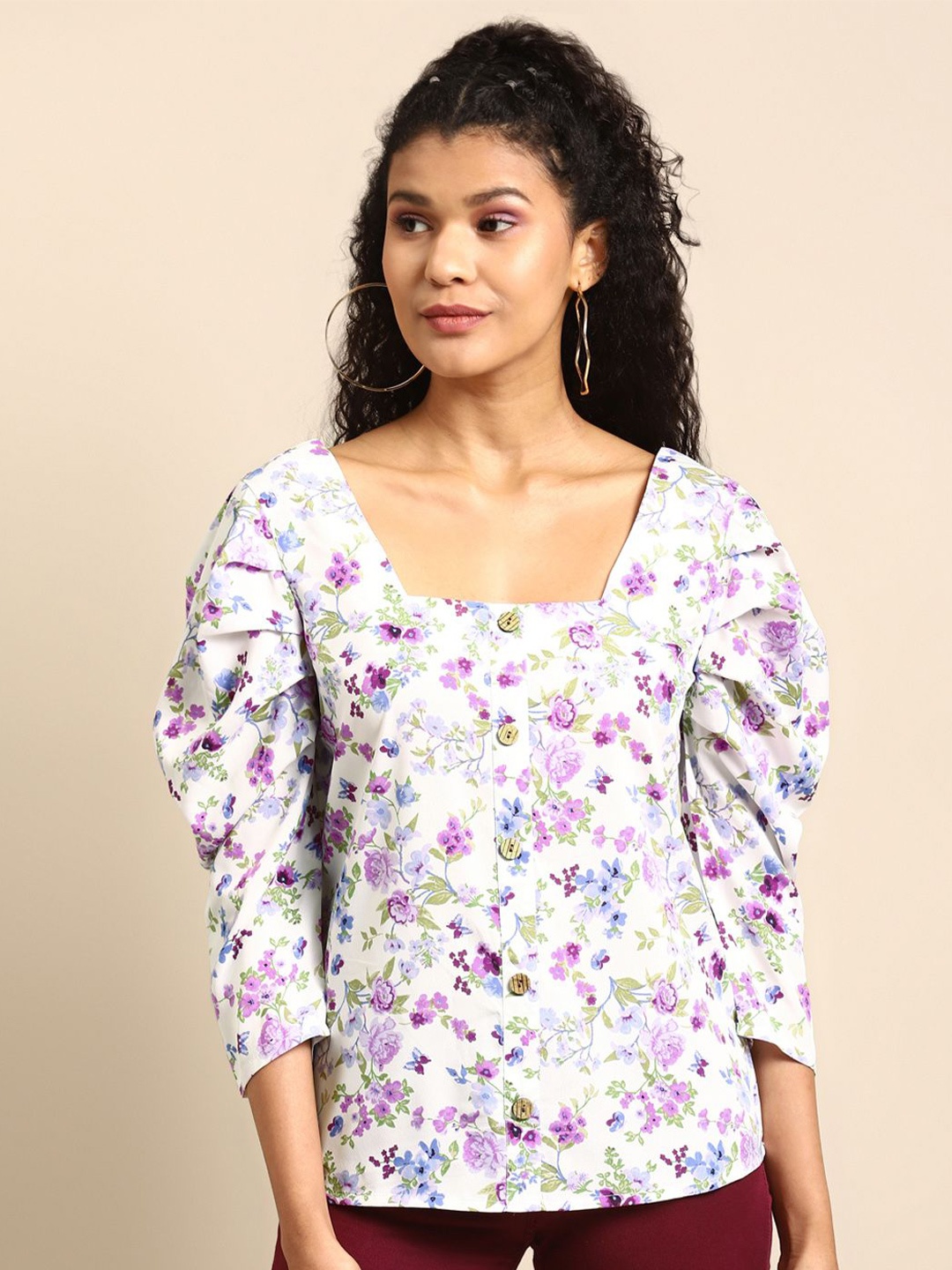 

DODO & MOA Floral Print Puff Sleeves Shirt Style Top, White