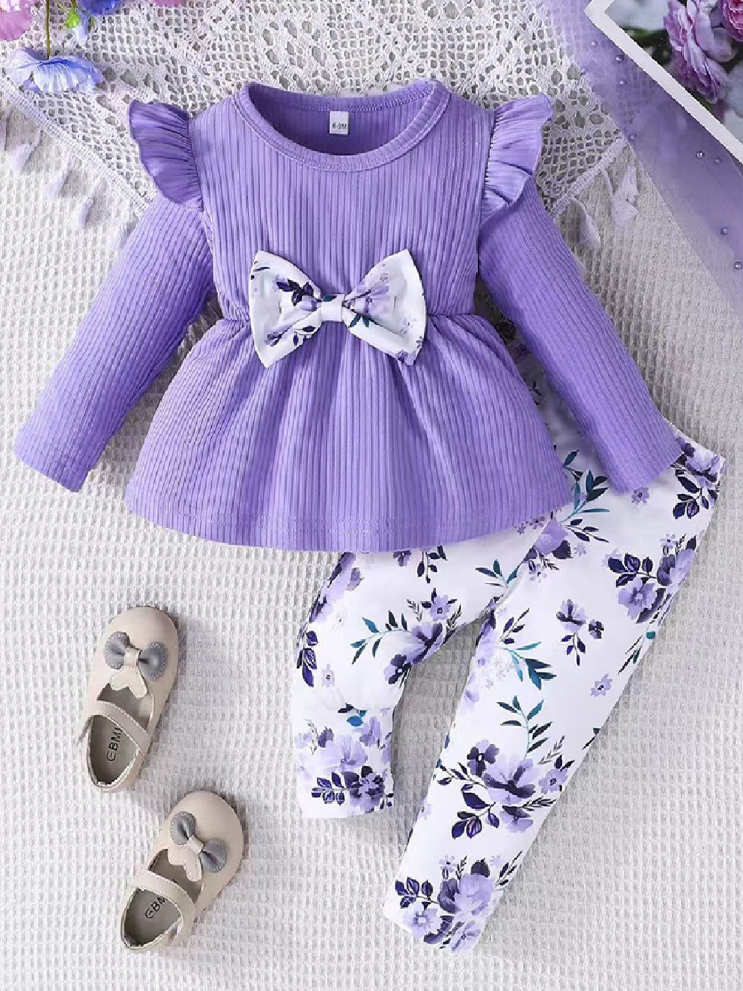 

Xsole Girls Striped Round Neck Bow-Detail Top & Trouser, Lavender