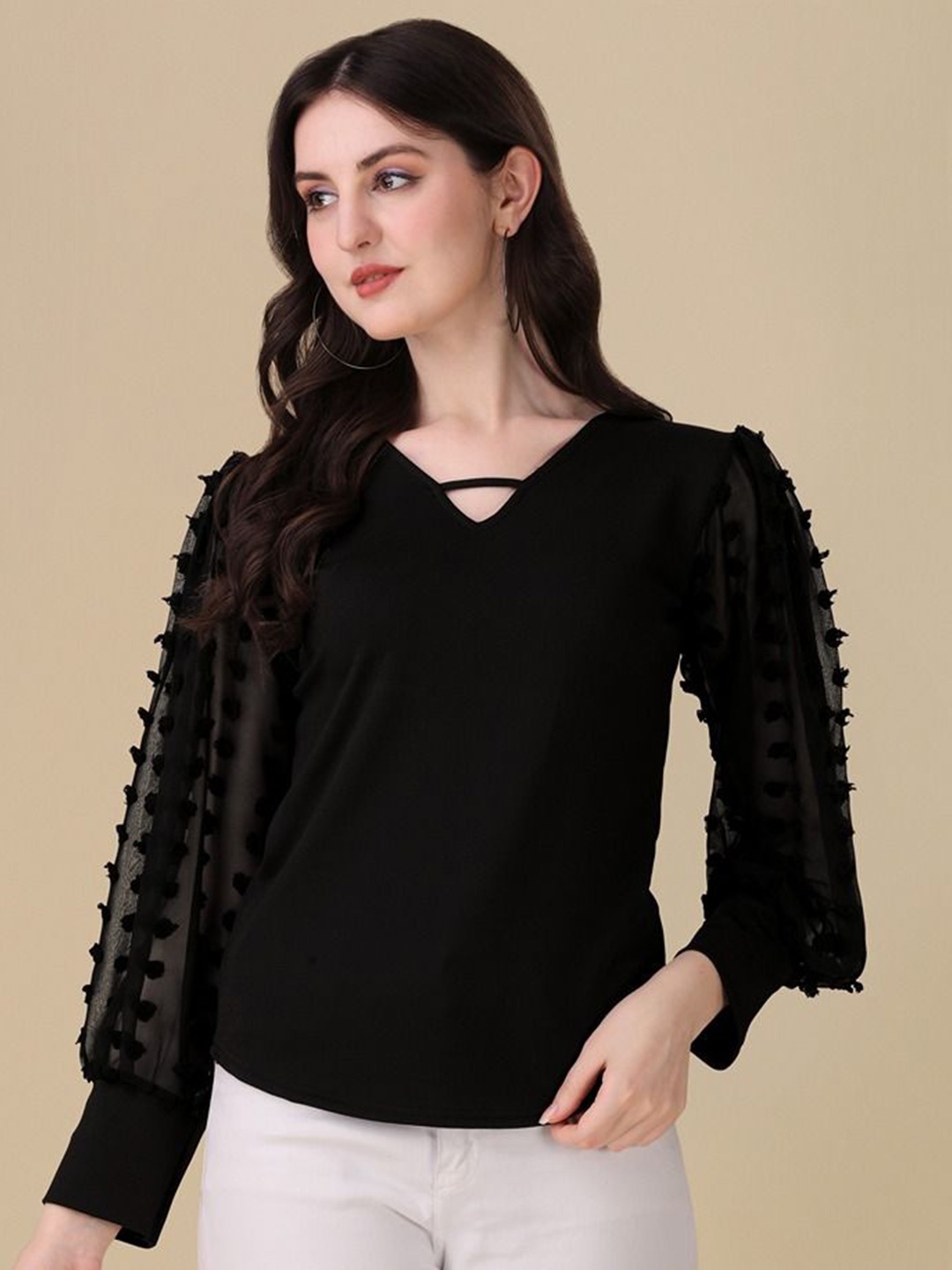 

De La Moda Women Fringed Crepe Top, Black