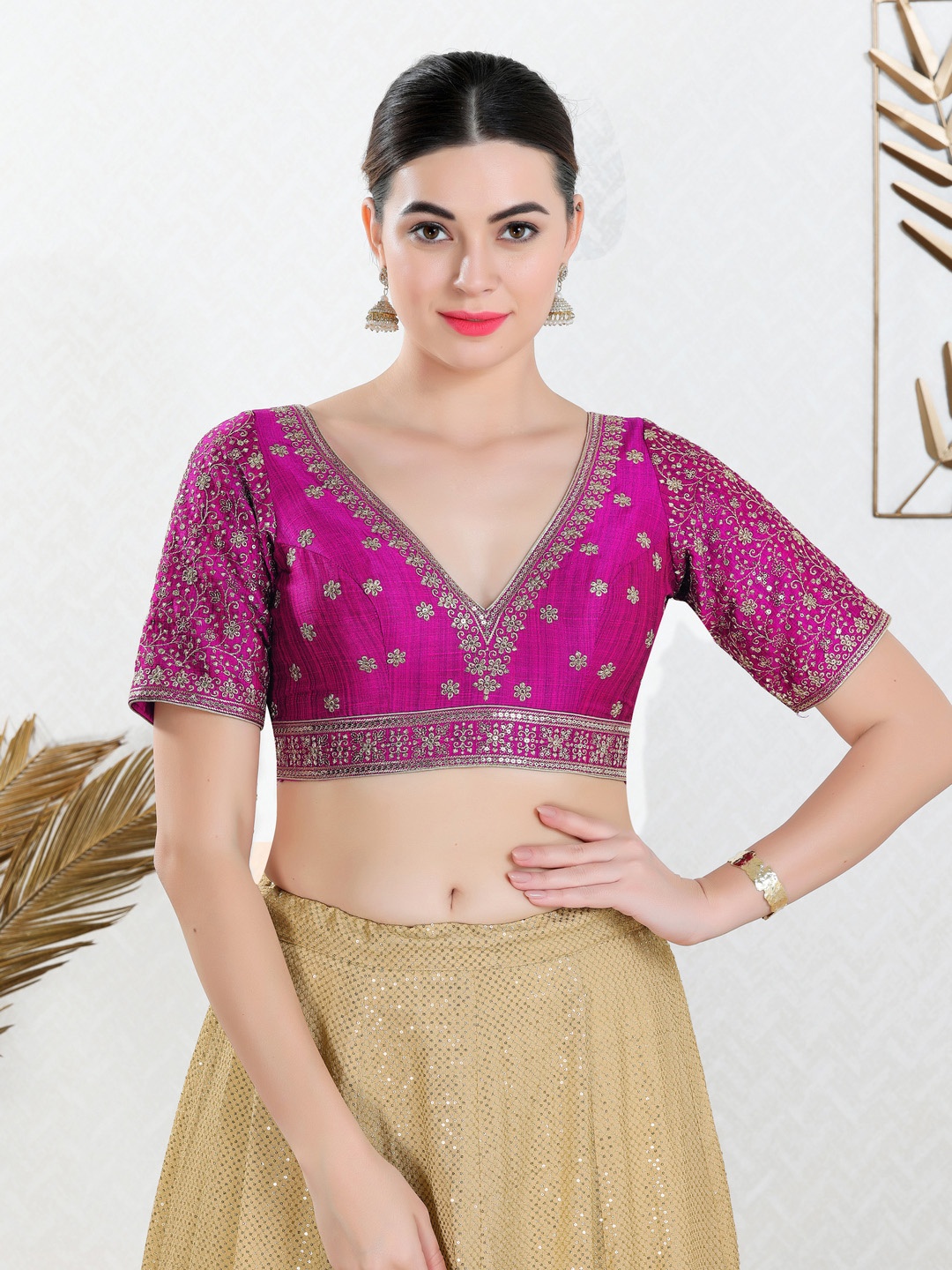 

VAMAS - THE DESIGNER BLOUSES Women V-Neck Padded Saree Blouse, Purple