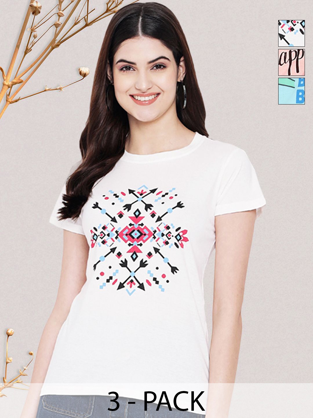 

GLOBAL NOMAD Women Pack of 3 Typography Printed Round Neck Cotton T-shirts, White