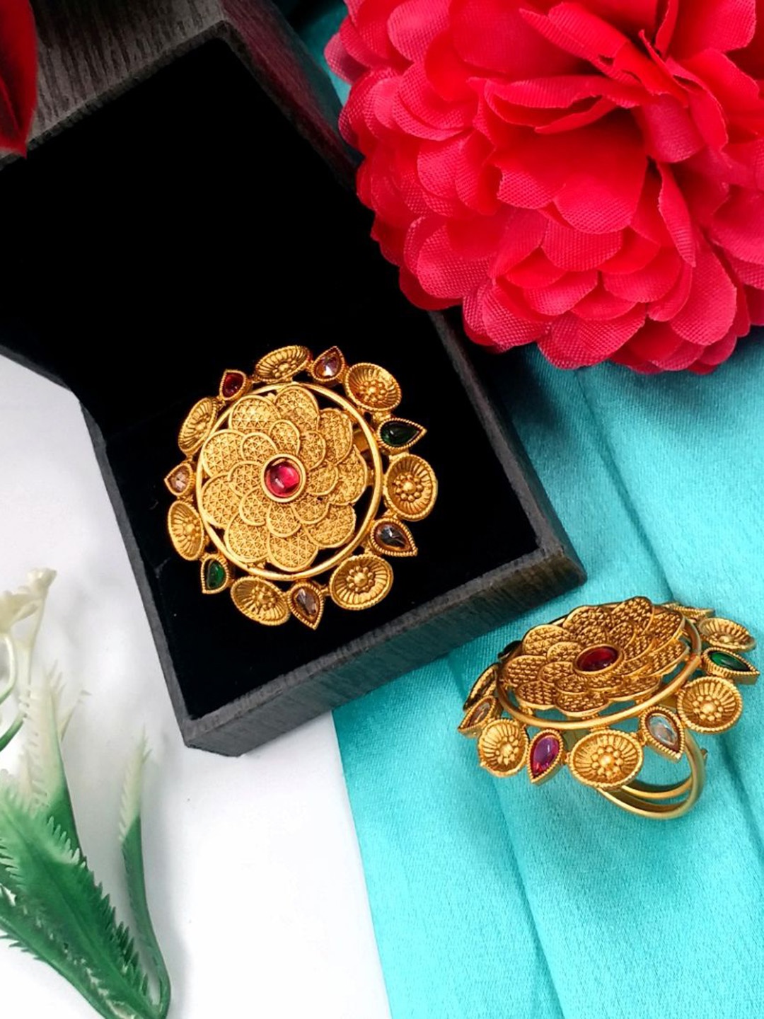 

JYONA Gold-Plated Stone-Studded Adjustable Finger Ring