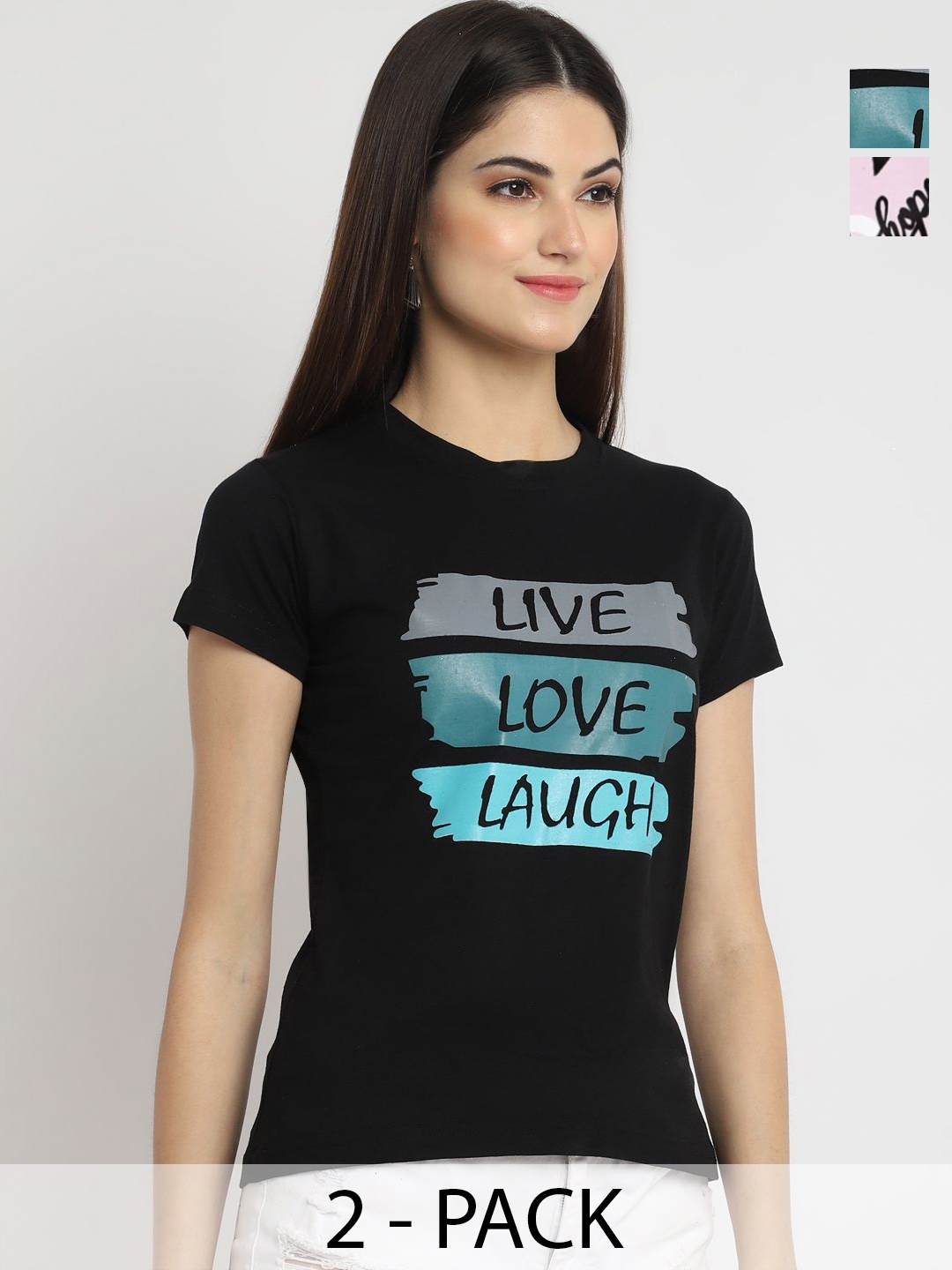 

Tromko Women Pack of 2 Typography Printed Round Neck Cotton Regular Fit T-shirts, Black