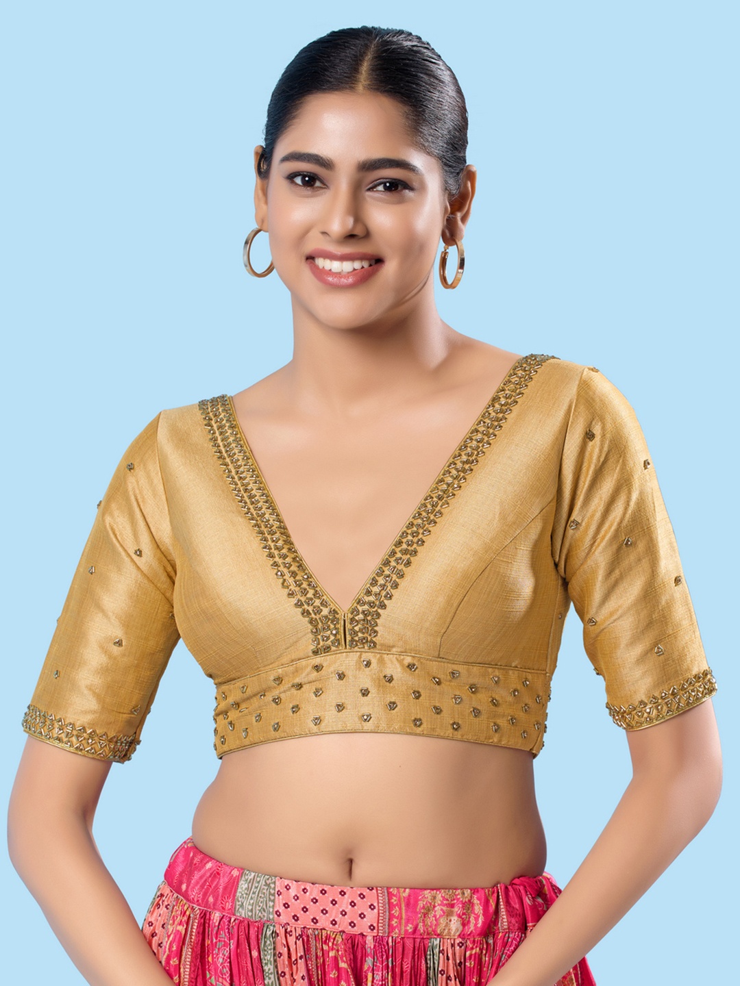 

VAMAS - THE DESIGNER BLOUSES Women V-Neck Padded Saree Blouse, Beige