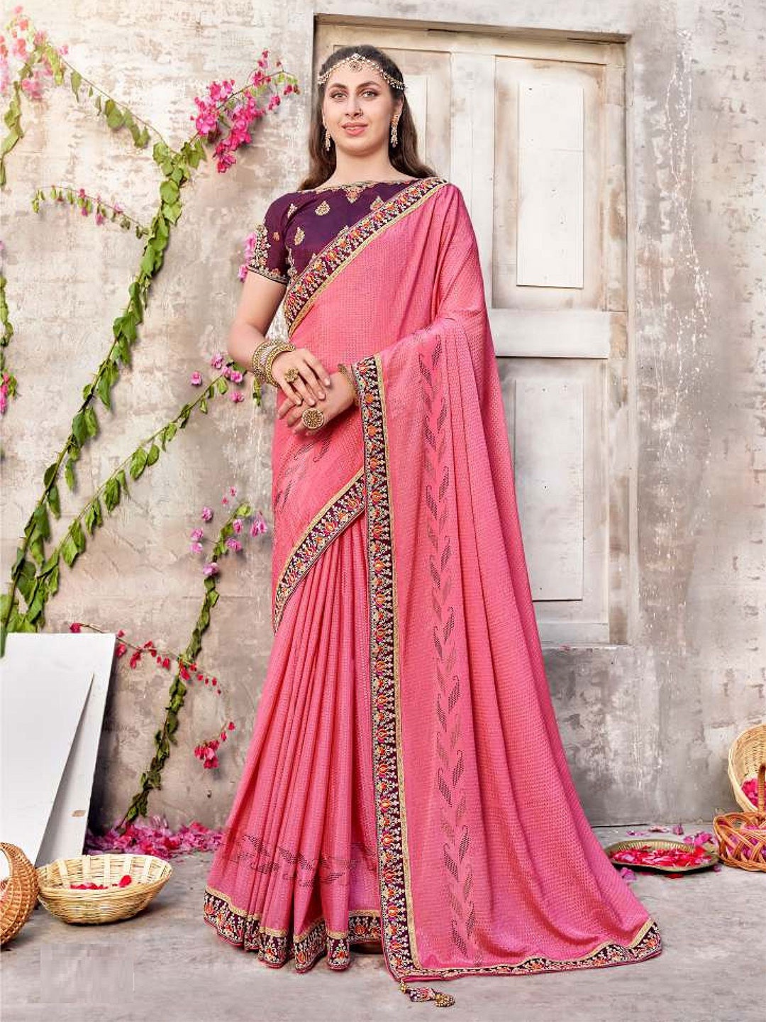 

MAHALASA Ethnic Motifs Embroidered Poly Georgette Designer Saree, Pink