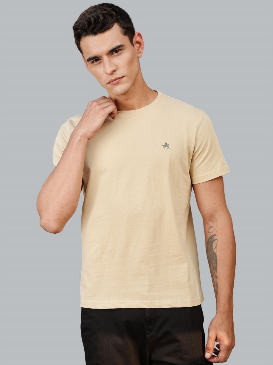 

Parcel Yard Men Stretchex Solid Round Neck Cotton T-shirt, Beige