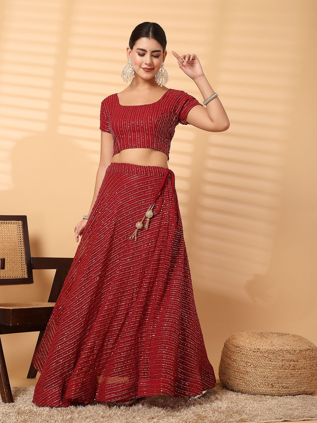 

Clora Creation Embellished Sequinned Square Neck Blouse & Ready to Wear Lehenga, Maroon